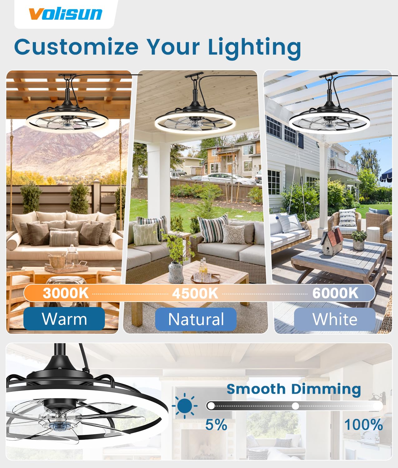 VOLISUN Outdoor Ceiling Fans with Light for Patios, 23.6in Weatherproof Plug in Ceiling Fan, 3000K-6500K Dimmable Gazebo Fan Remote&APP Control, Black Caged Ceiling Fan for Porch, Pergola,Canopy