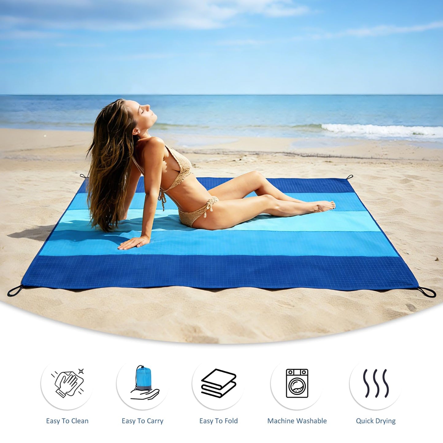 PLACHIDAY Beach Blanket Sandproof - Extra Large Beach Mat Waterproof Sand Free Mat, Quick Drying Durable Camping Blanket for Outdoor Picnic, Travel, Camping, Hiking - 79''x83'' with Stakes & Hook