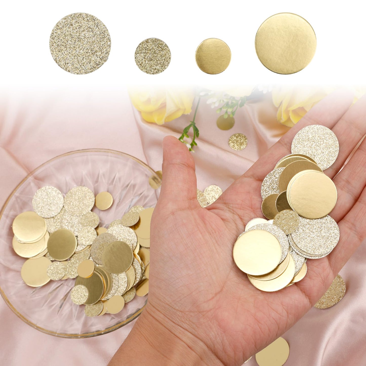 200pcs Round Golden Confetti, 2 Styles & 2 Sizes Gold Circle Confetti Dots Glitter & Smooth Scatter Table Sequins for Wedding Birthday Baby Shower Party Circle Dot Decor