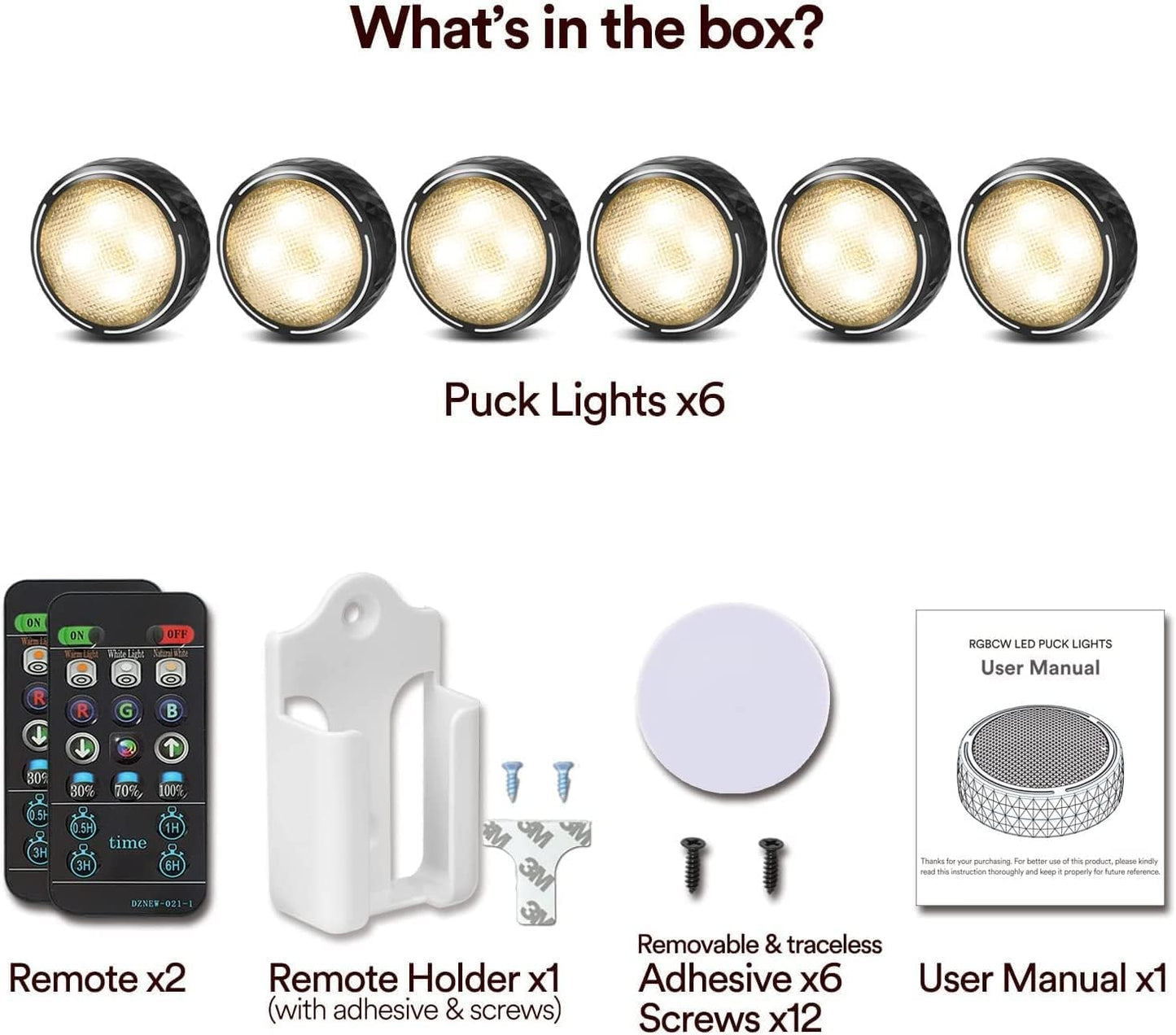 LED Puck Lights with Remote Battery Operated Under Cabinet Lighting Wireless Stick on Lights Color Changing Timer Tap Lights for Cabinets Shelves Closets Display Case - 6Pack Black