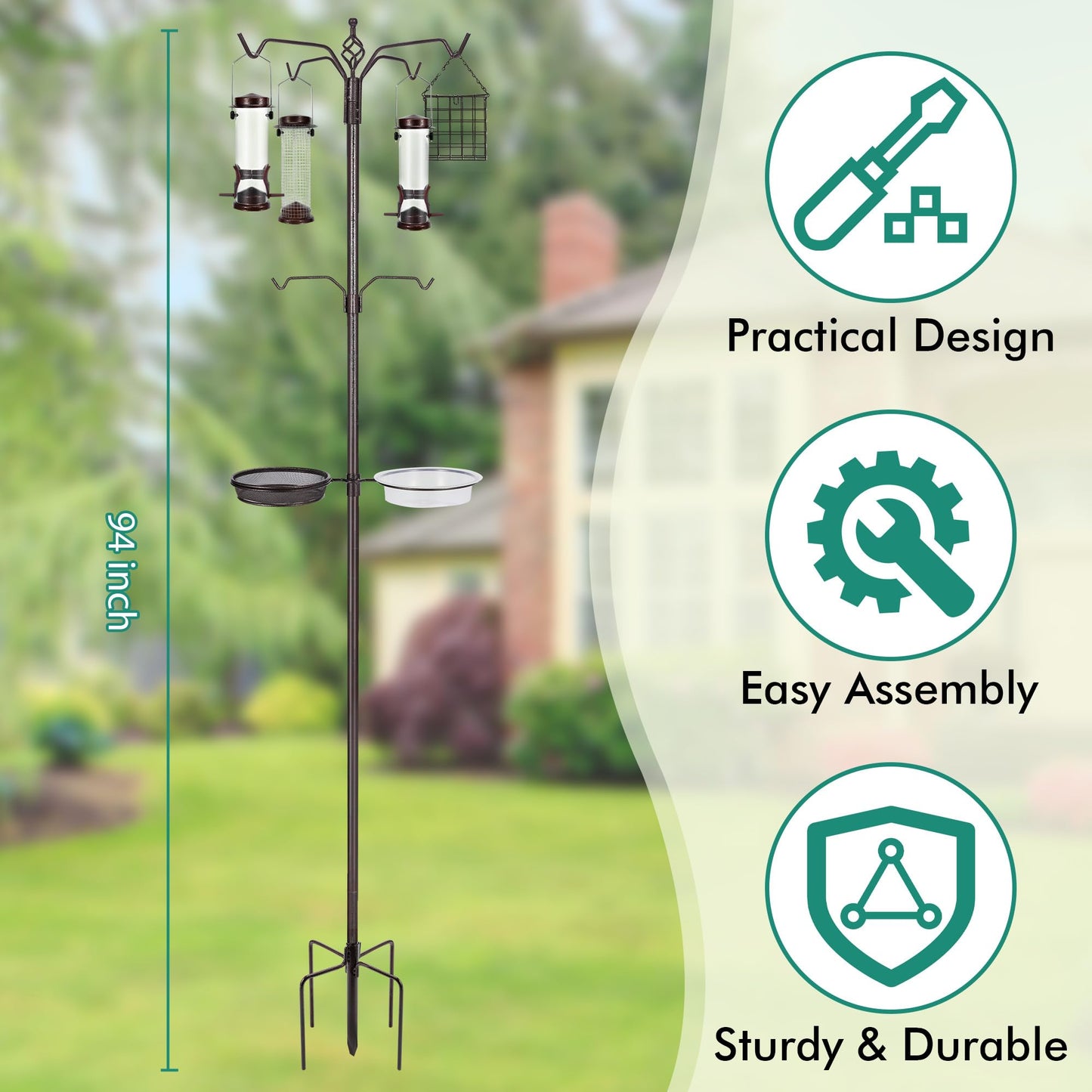YINGYM Bird Feeding Station Kit, 94 Inch Bird Feeder Pole Stand for Outdoors Hanging with 4 Feeders, Metal Suet and Bath Tray for Wild Birds Watching