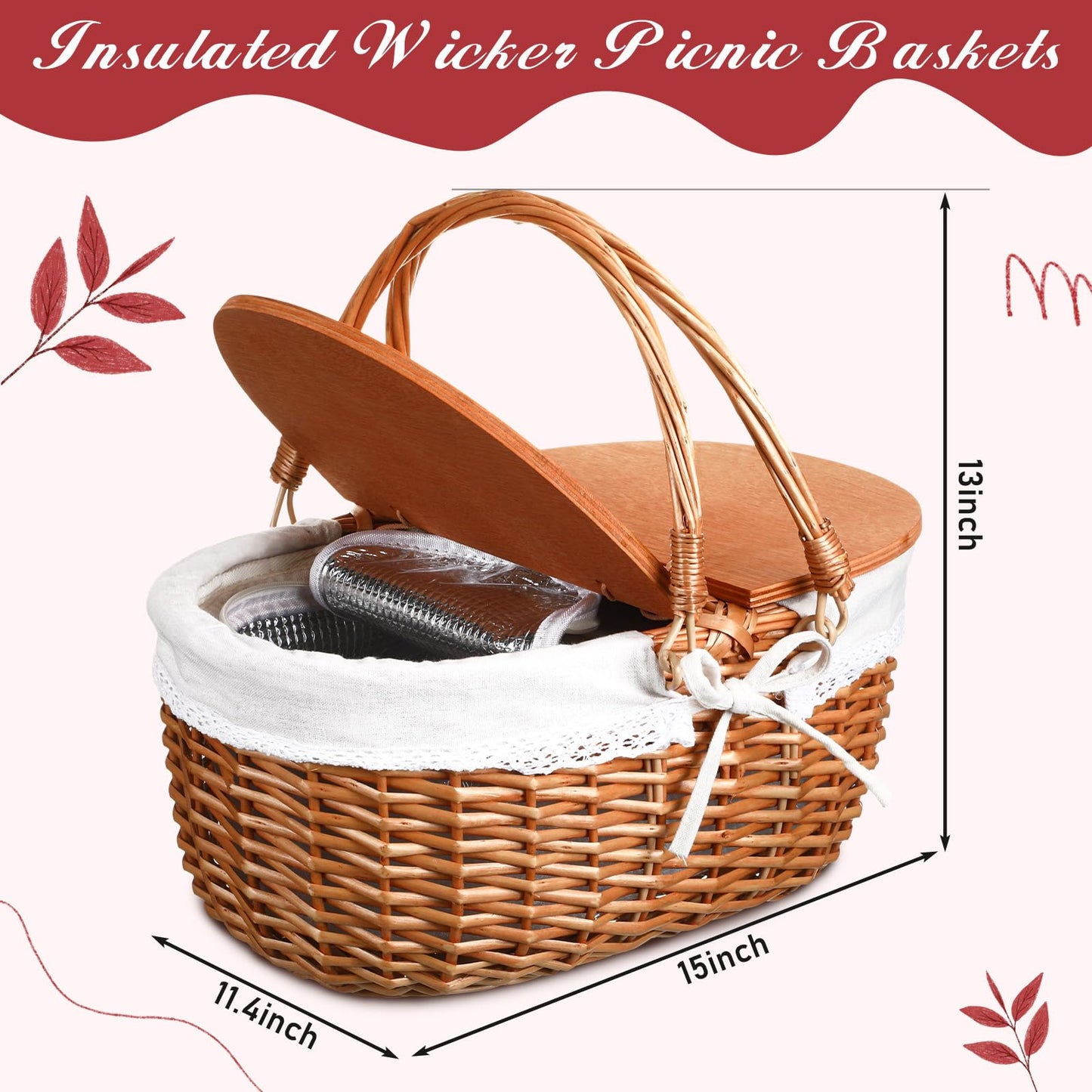 DoubleFill Wicker Insulated Picnic Basket with Lid Wicker Picnic Basket with Folding Handles and Insulated Cooler Bag for Camping Outdoor Easter Valentine Birthday Gift(White)