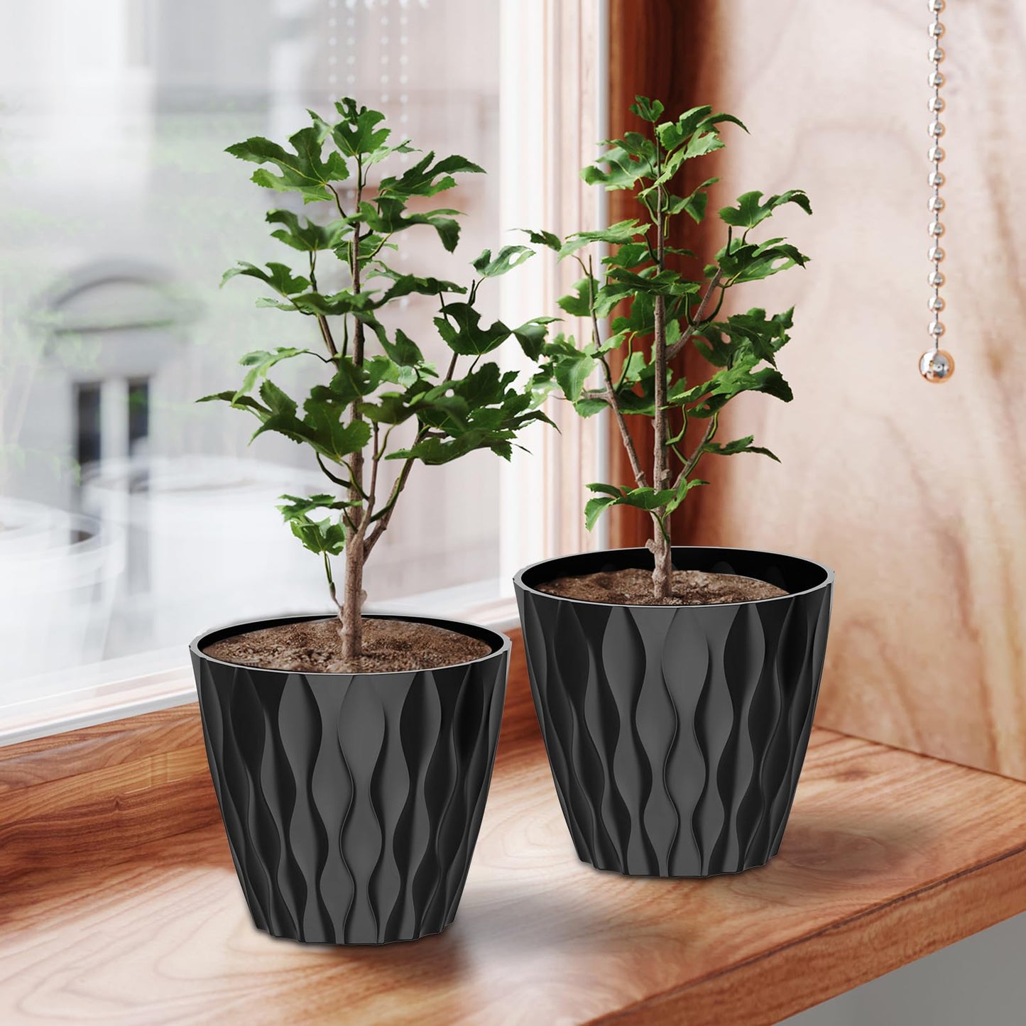 GDJUQZ 6 Pack 7 Inch Indoor Plant Pots with Drainage Holes, Outdoor Plastic Decorative Flower Pots, Garden Planters with Tray Saucers for Orchids, Violets, Succulents, Herbs, and Other Plants