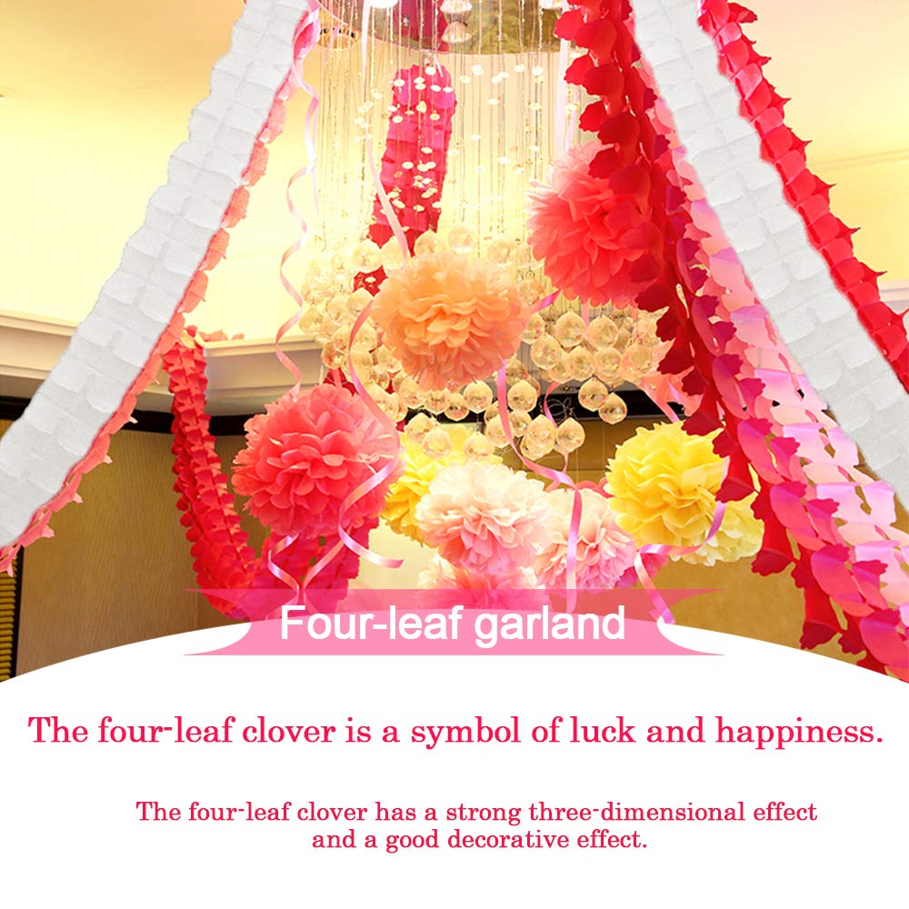 MerryNine Reusable Four-Leaf Clover Paper Garland, 6-Pack 11.8ft/3.6m Each, Pink White Orange Streamers for Party Wedding Decorations