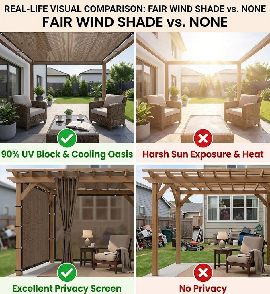 FAIR WIND 90% Sun Shade Cloth with Improved Grommets 6' x 10' Outdoor Sun Screen Fabric Cover for Patio Garden Pergola Canopy - Mocha