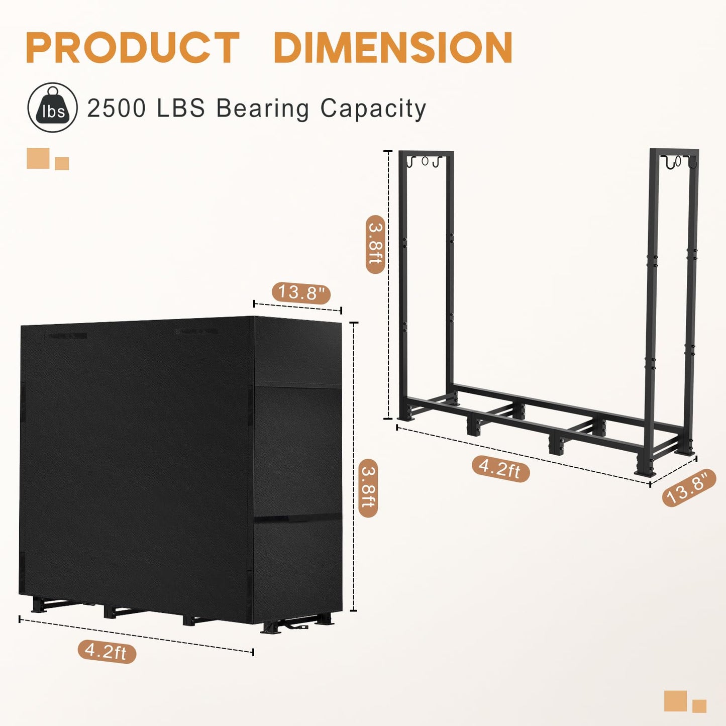 LOENIY 4ft Firewood Rack Outdoor with Waterproof Widened Cover, Heavy Duty Firewood Holder includes Carrier Bag, Powder-coated Wood Rack with Hooks, Firewood Storage Rack for Fireplace Deck Patio