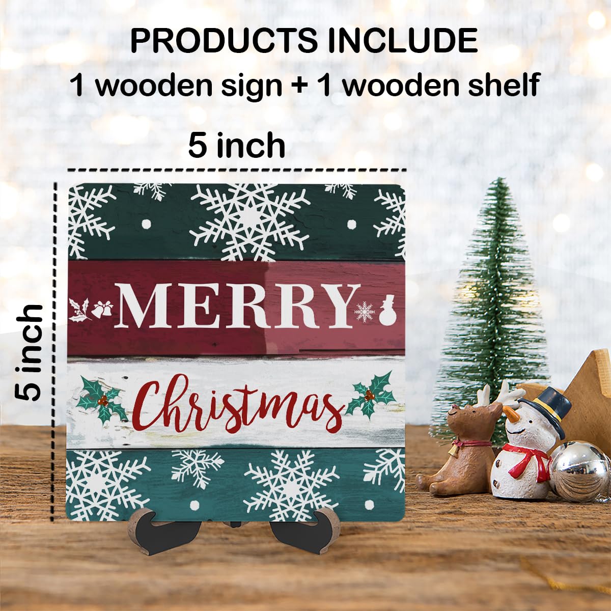 Christmas Wood Plaque With Stand, Merry Christmas Desk Sign Decor for Farmhouse Home Office Table Shelf, Rustic Xmas Wood Sign Gifts for Women Men -07