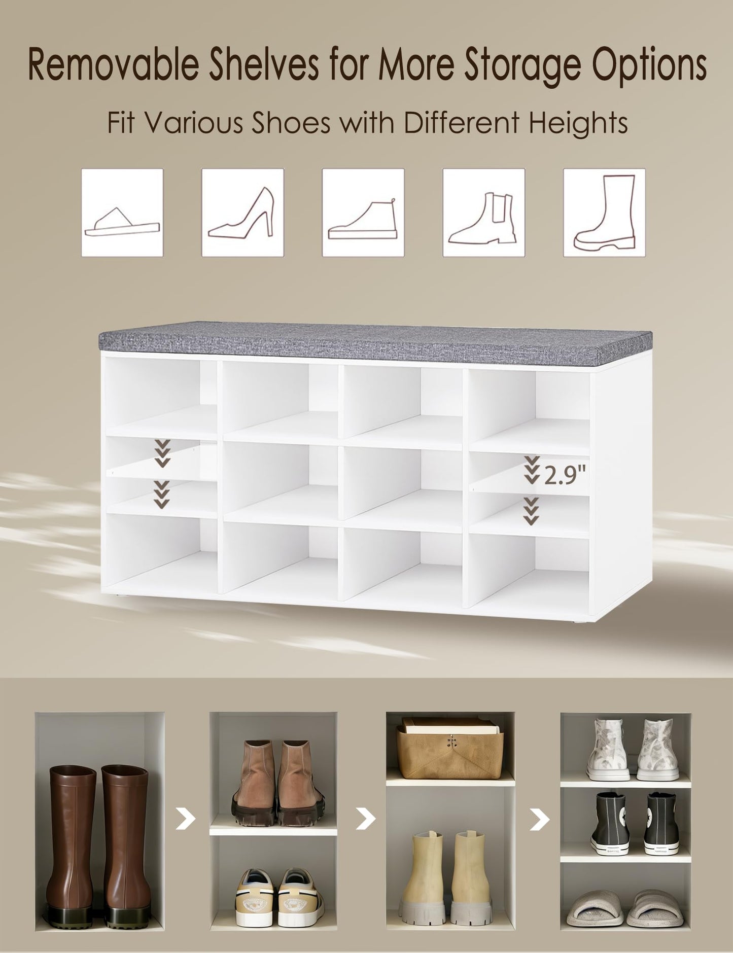 DINZI LVJ Shoe Storage Bench with Cushion, Cubby Shoe Rack with 12 Cubbies, Adjustable Shelves, Multifunctional Shoe Organizer Bench for Entryway, Mudroom, Hallway, Closet and Garage, White