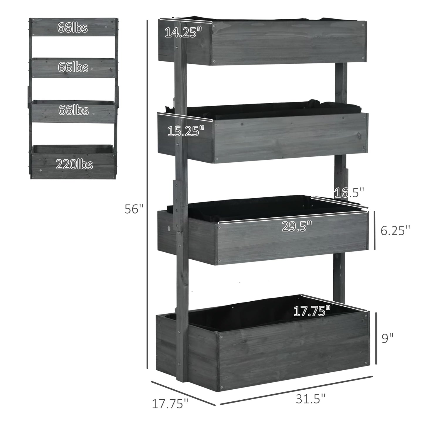 Outsunny Vertical 4 Tier Raised Garden Bed, Wooden Planter Box, Self-Draining with Bed Liner for Indoor Outdoor Flowers, Vegetables and Herbs, Gray