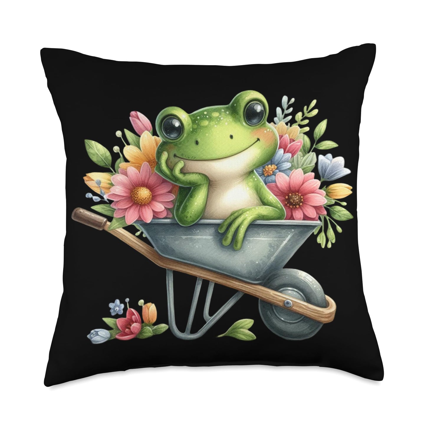 Frog Wheelbarrow Garden Flowers Amphibian Frog Aesthetic Throw Pillow