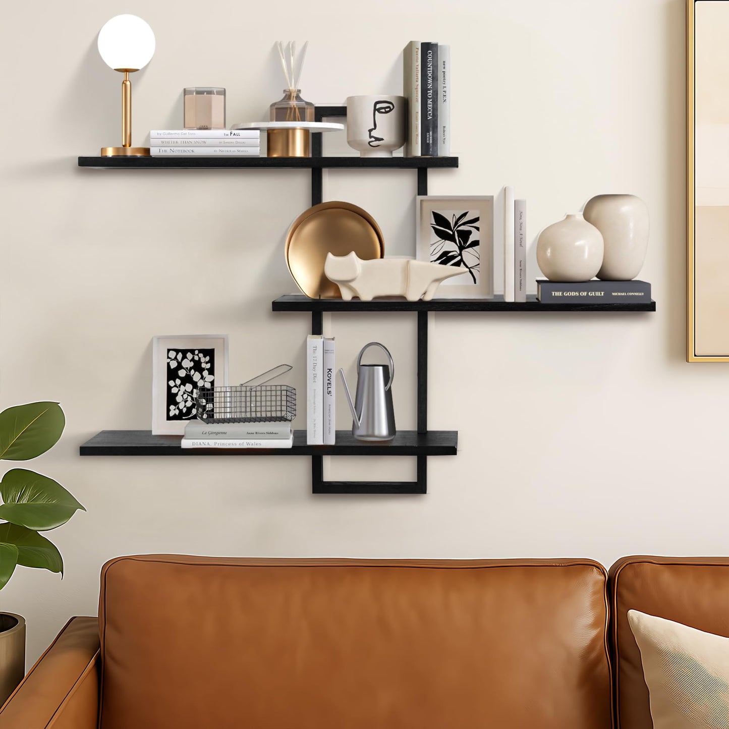 PHOENANCEE 3 Tier Wall Shelves,Decorative Floating Shelf for Wall,Plants Photo Shelf Storage Display Shelving Wood for Living Room Bedroom Kitchen Home Office Decor,Modern,Large,22 Inch(Black)