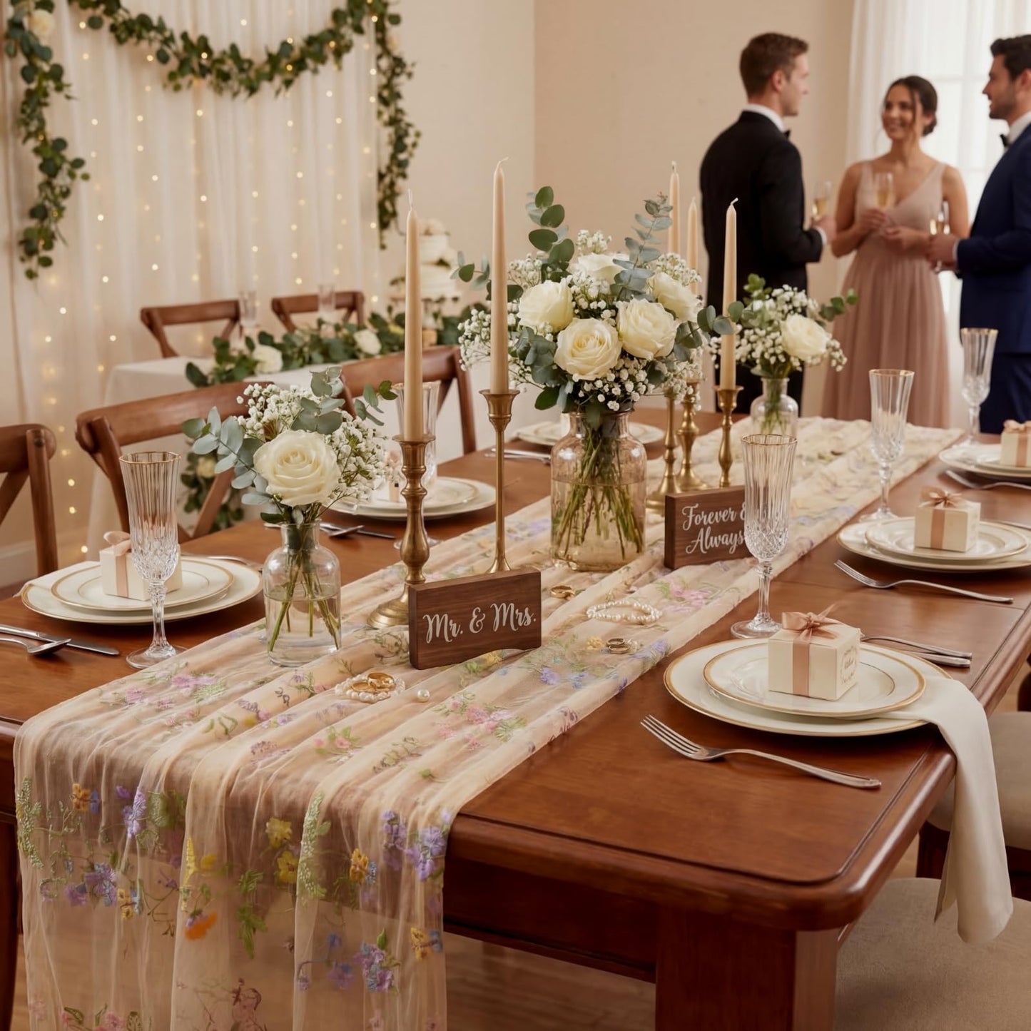 Windkream Champagne Floral Table Runner 10ft Embroidery Tulle Spring Wildflower Table Runner Seasonal Summer Butterfly Kitchen Dining Gauze Decoration for Wedding Baby Shower Birthday Party (1 Pcs)