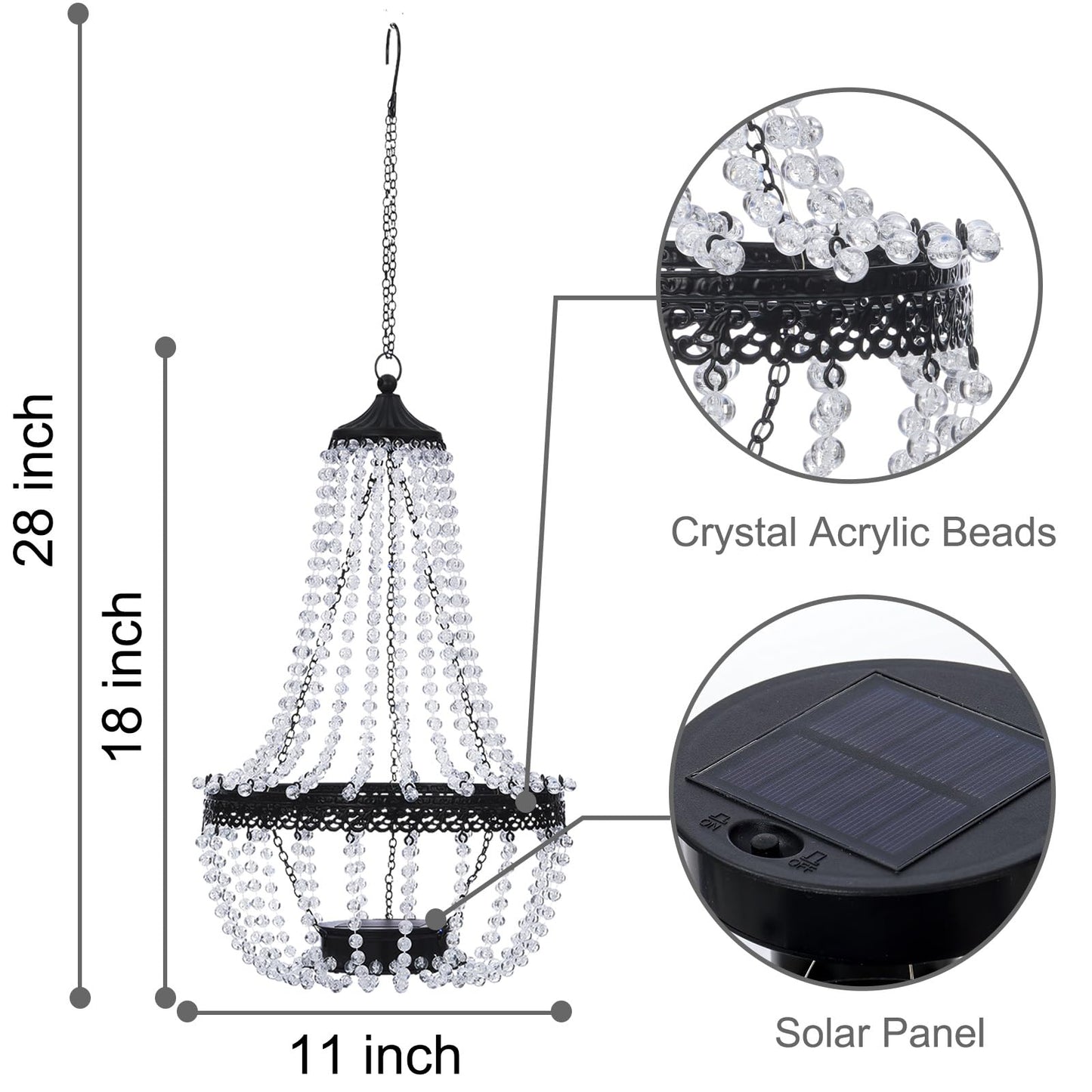 Hanging Solar Chandelier Outdoor Lantern, 30 Cool White Lights Acrylic Clear Beaded Chandelier with S Hooks Modern Lantern for Garden Yard Patio Gazebo Decorations, 28”H
