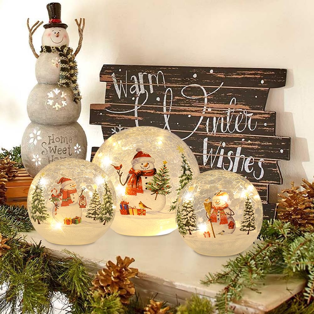 YEAHOME Christmas Decorations Indoor,Set of 3 Snowman Crackle Glass Ball with LED Lights Home Decor, Christmas Table Decorations Lighted Globes with Timer for Mantel Fireplace Tabletop