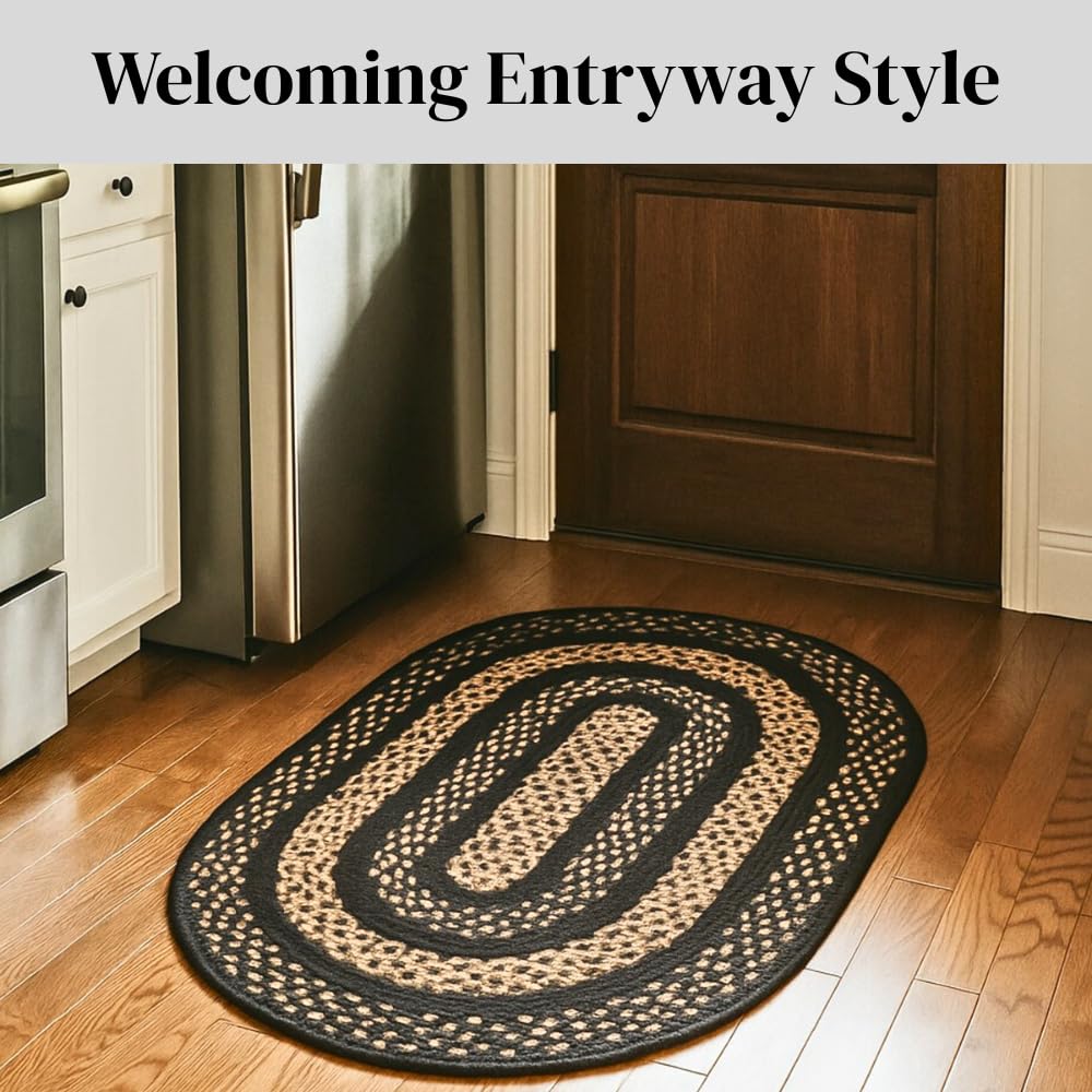 Charleston Oval Braided Rugs 27x45 - Ideal as Black and Tan Kitchen Rugs for Primitive Decor