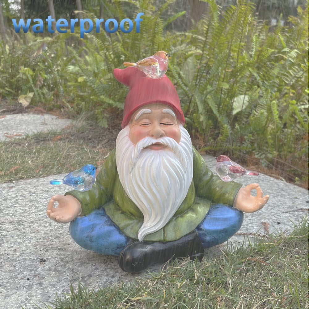 RAYWER Solar Powered Gnome with Red Hat and 3 Birds, Resin Garden Ornament with LED Light, Lawn Figurine Outdoor Decoration Statue (Gnome with 3 Birds)