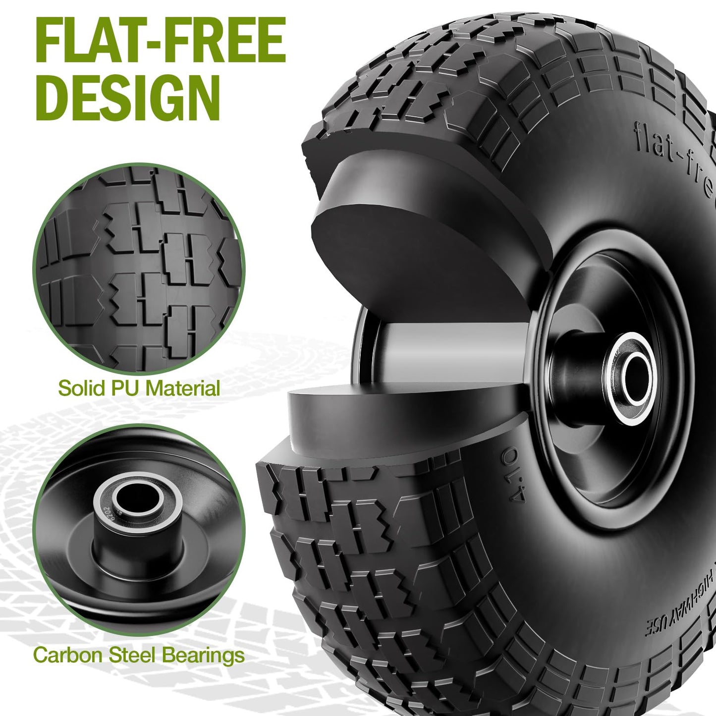 2 Pack 4.10/3.50-4 Tire and Wheel Flat Free, 10 inch Wheels 5/8" Bearings, 2.2" Offset Hub, Solid Tires for Garden Cart, Wheelbarrow, Hand Truck, Lawn Cart, Dolly, Wagon Wheels Replacement