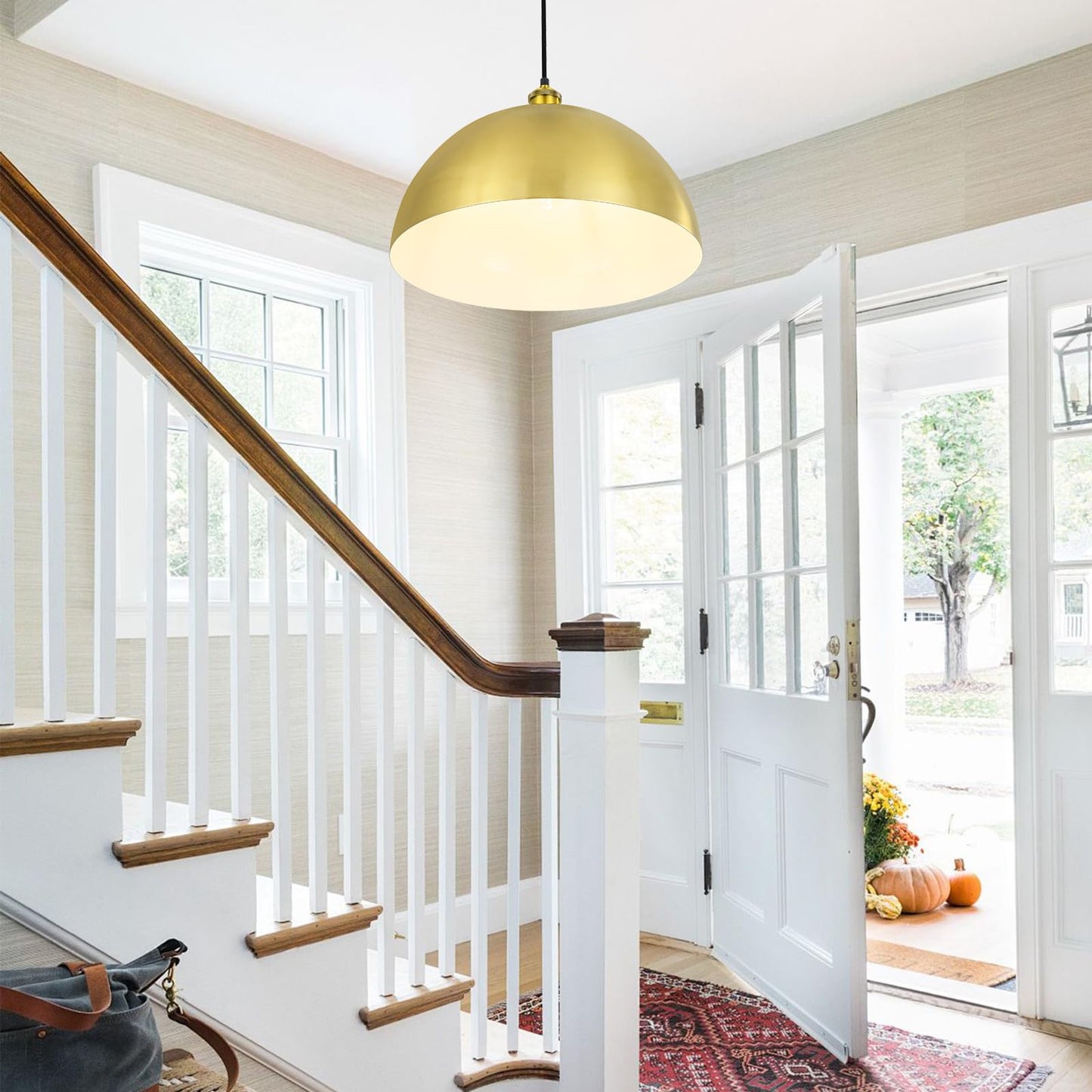 YOGIRL Gold Pendant Light, 16" Farmhouse Ceiling Light with Gold and White, Elegant Semi-Circular Shade Design, Adjustable Height Industrial Dome Pendant Lights for Kitchen Island, Dining Room