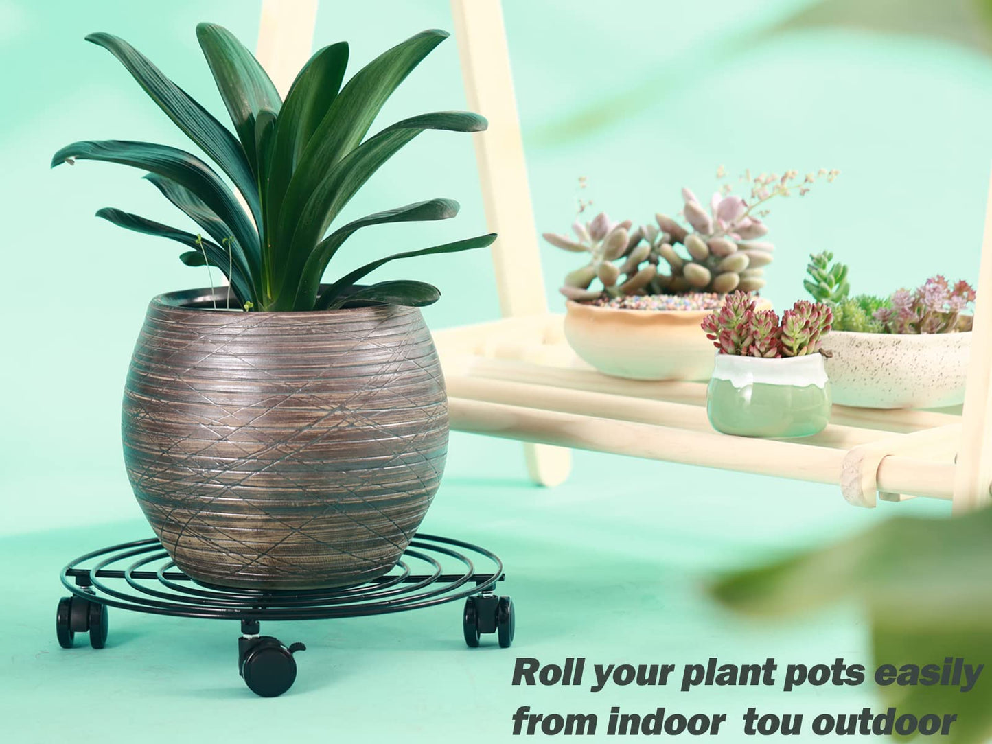 6 Packs 14 Inches Large Metal Plant Caddy with Wheels Rolling Plant Stands Heavy-duty Wrought Iron Plant Roller Base Pot Movers Plant Saucer on Wheels Indoor Outdoor Plant Dolly with Casters Planter Tray