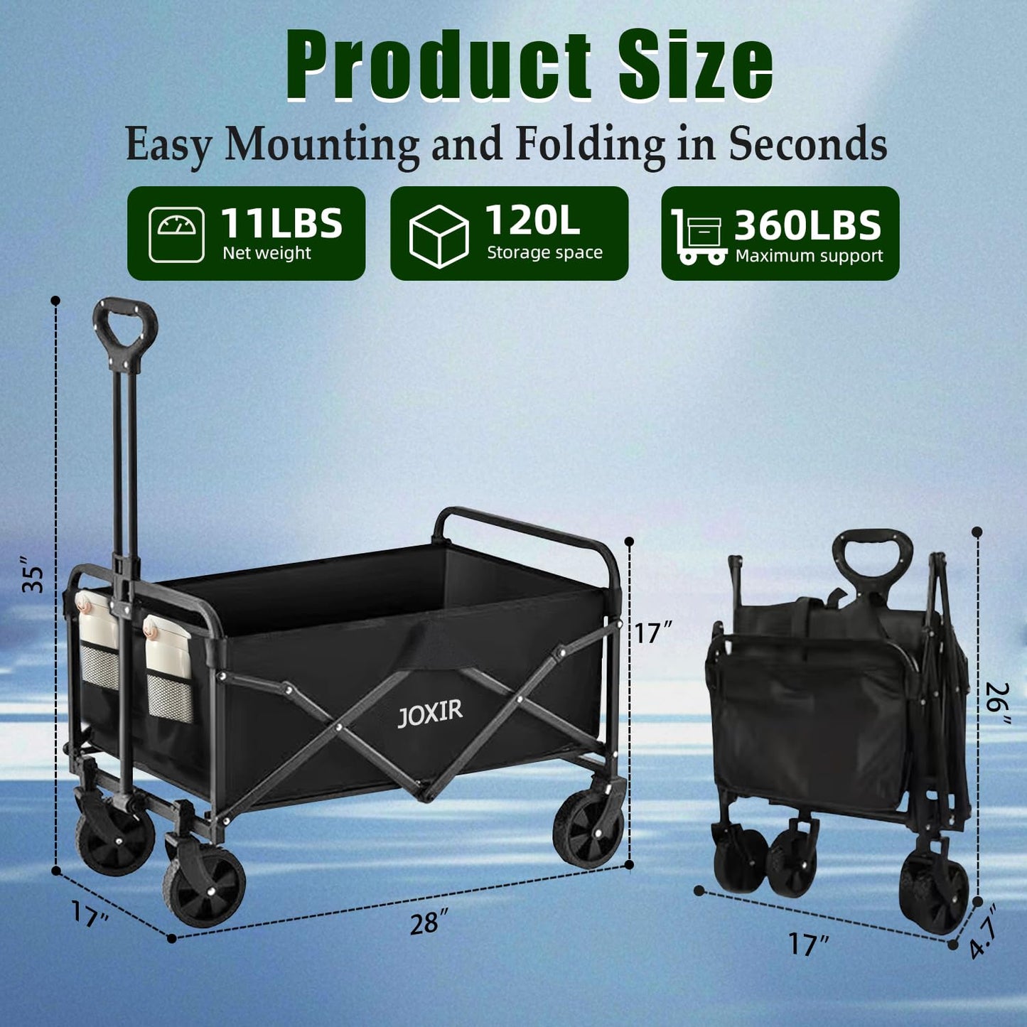 Joxir Collapsible Wagon Cart Foldable 120L 360lbs Capacity, Lightweight Portable Beach Wagon, Shopping Carts with Wheels for Grocery, Camping, Shopping, Garden Cart