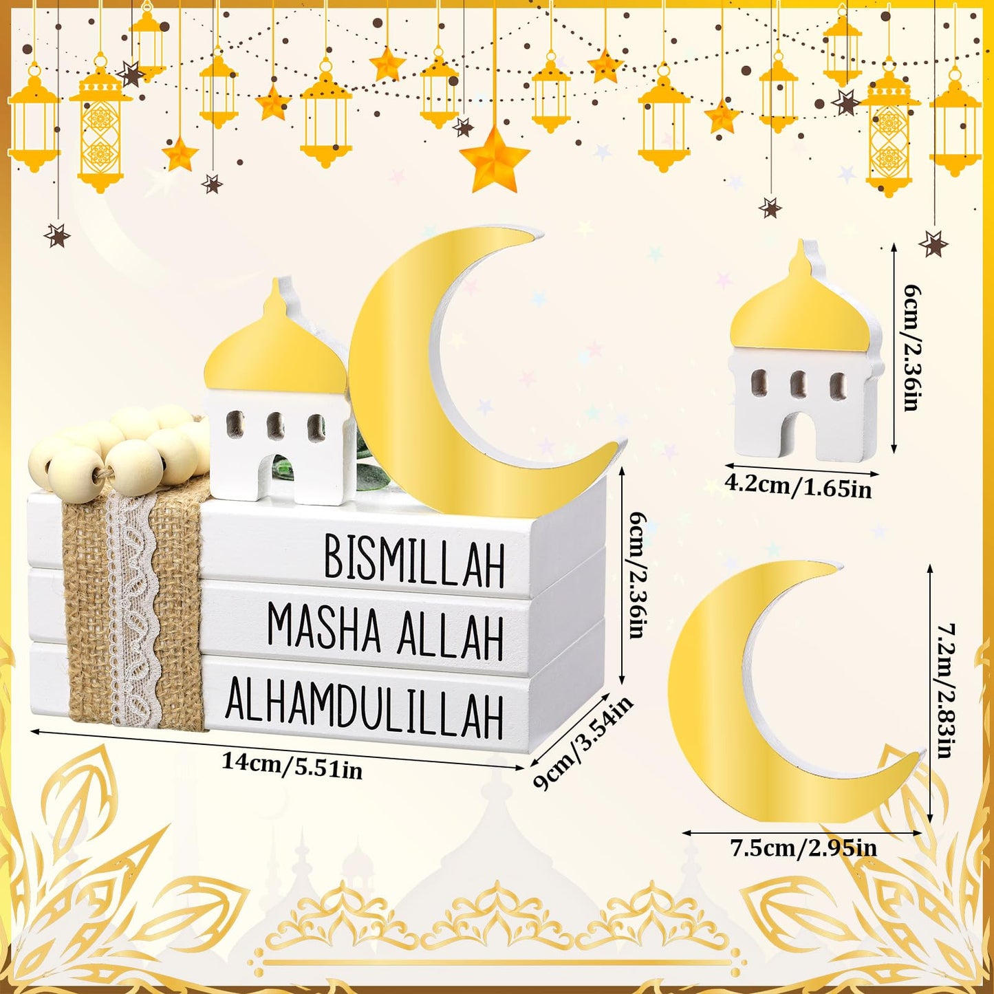 Blulu Islamic Wooden Tiered Tray Decor White Book Stack Golden Moon and Beads Start with Bismillah End with Alhamdulillah for Farmhouse Eid Muslim Ramadan Home Tabletop Art Decor(Bismillah)