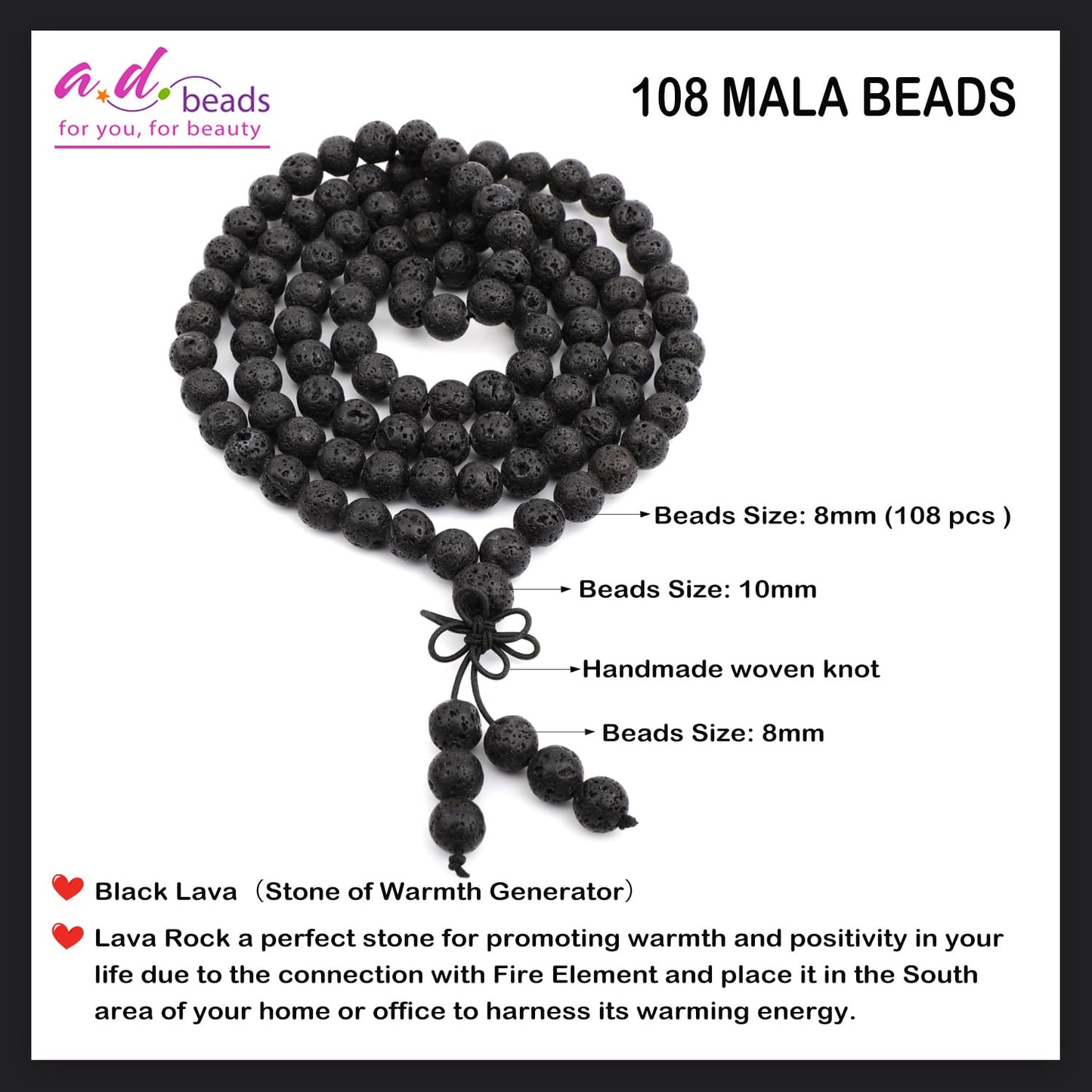 AD Beads 8mm 108 Prayer Mala Black Lava Elastic Bracelet - Warmth Generator - Handmade Yoga Meditation Healing Power Energy Gifts for Unisex Adult.