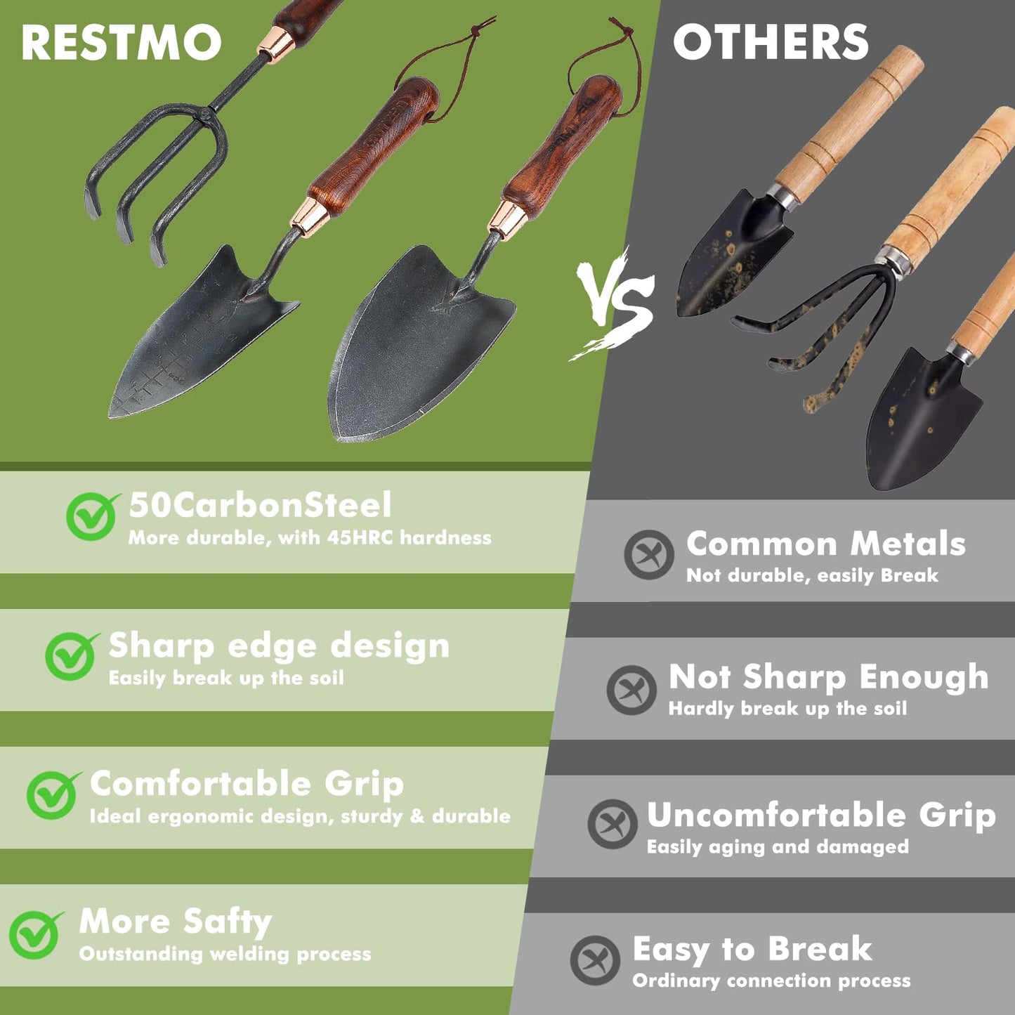 RESTMO 3-in-1 Heavy Duty Gardening Tools Kit, Premium Carbon Steel Garden Hand Tools with Ergonomic Wooden Handle Includes Trowel, Transplanter, and Cultivator, Ideal Gardening Gifts for Gardener