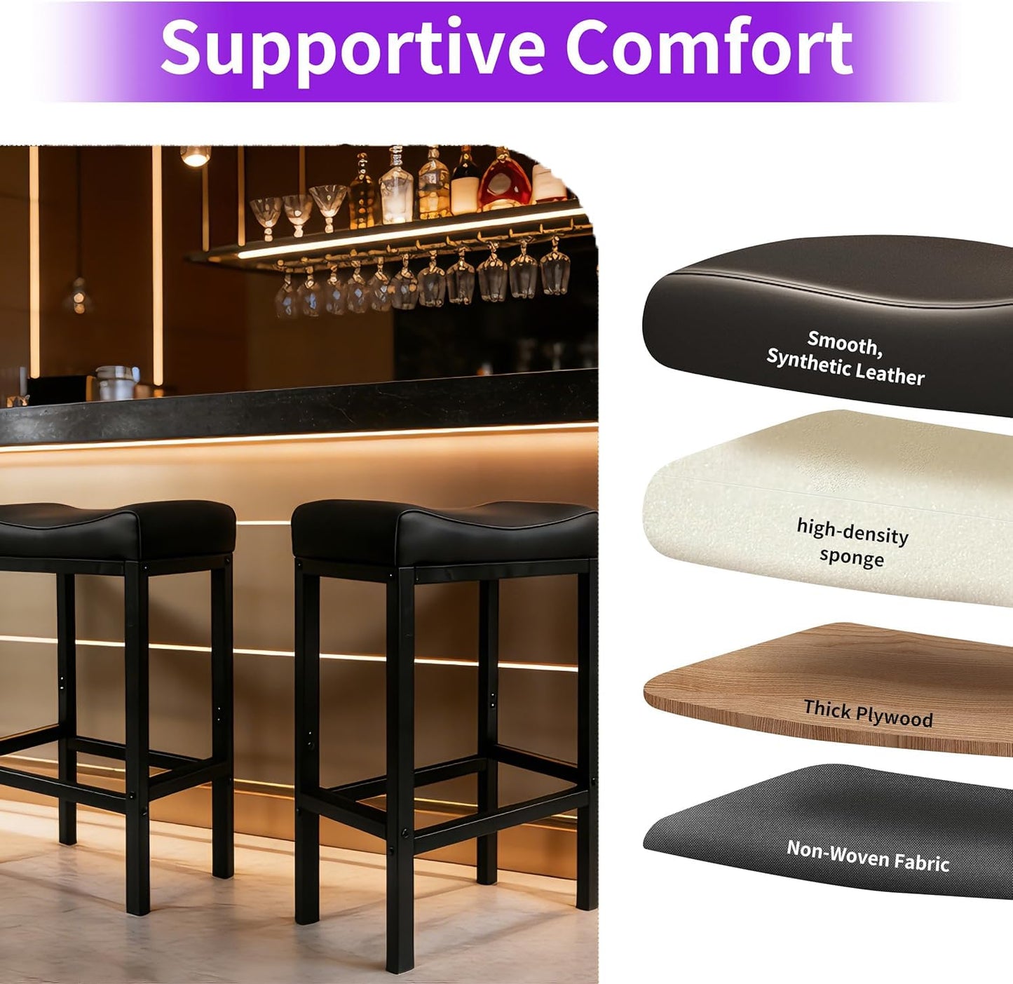 ZYFFHYLAI Bar Stools Set of 2, 24 Inch Backless Counter Height Bar Stools with Soft Faux Leather Seat, 300 LB Heavy Duty Padded Saddle Barstool Chairs for Modern Kitchen Island Counter (Black)