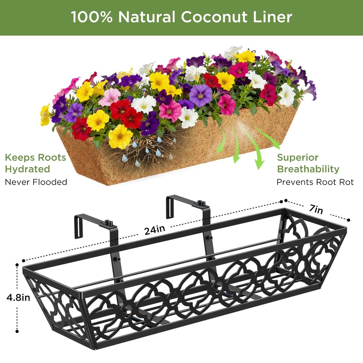 HFHOME 24 Inch Window Deck with Coco Liner, 24" Window Boxes Horse Trough with Coconut Coir Liner, Black Metal Hanging Flower Planter Basket Railing Planter for Outdoor Indoor Lawn - 2 Pack