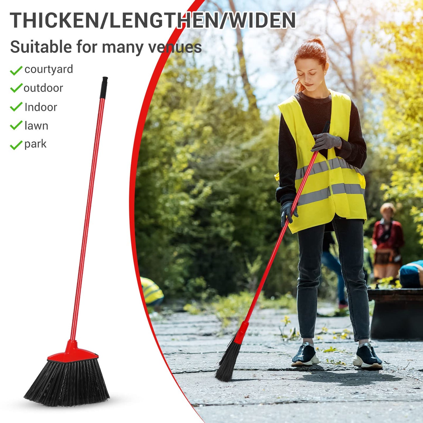 12 Pcs Heavy Duty Commercial Angle Broom 53 Inch Long Handle for Sweeping Indoor Outdoor - Garage, Courtyard, Patio, Lobby, Mall, Market, Shop, Sidewalk Floor (Red)