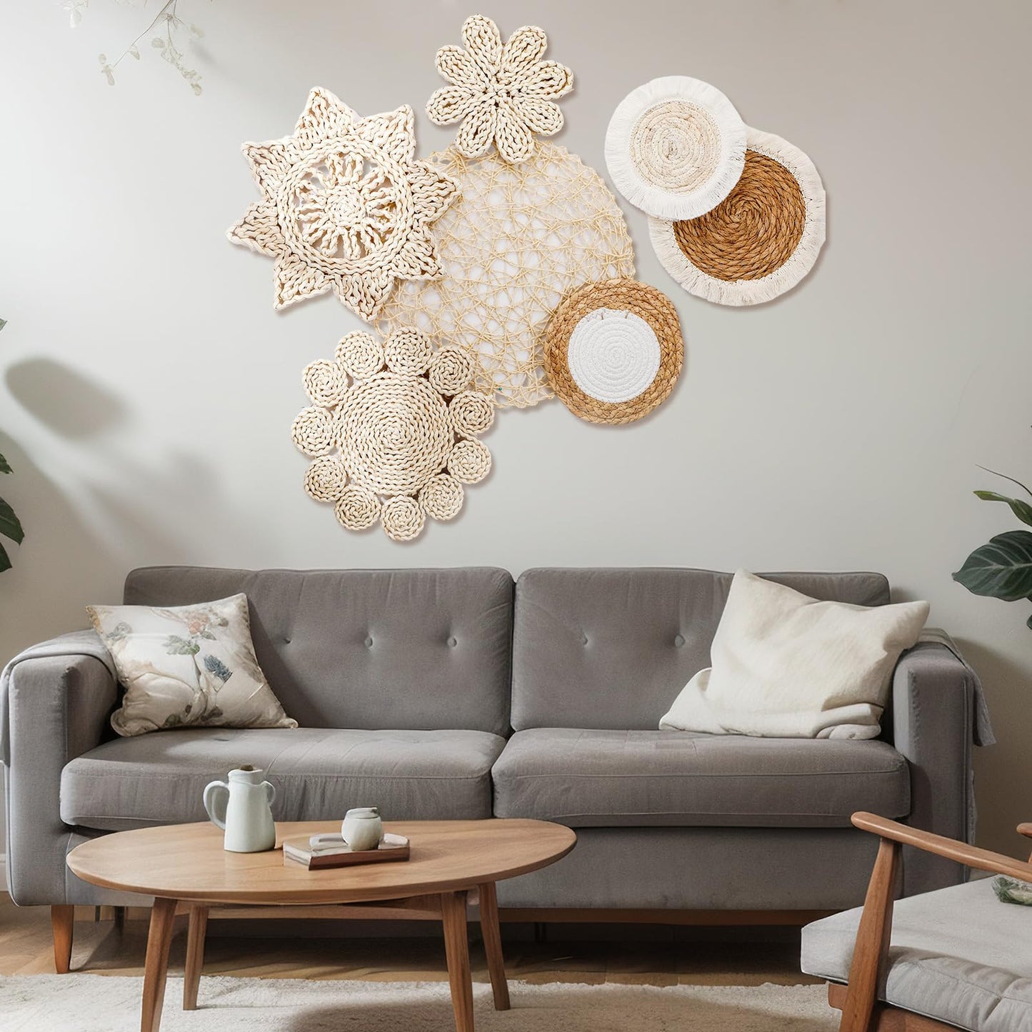 Beeveer 7 Pcs Boho Wall Baskets Decor Hanging Rustic Rattan Wicker Wall Baskets Round Wall Art for Farmhouse Living Rooms Bedrooms Kitchen Decorations