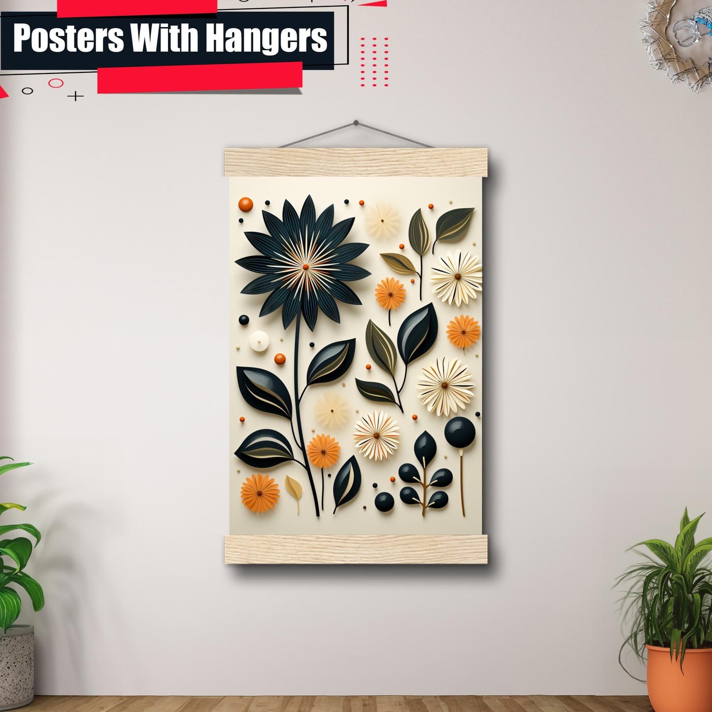 Scandinavian Folk Art, Black and Beige Abstract Botanical Wall Art for Scandinavian Home Decor, Decor Poster, Art Print