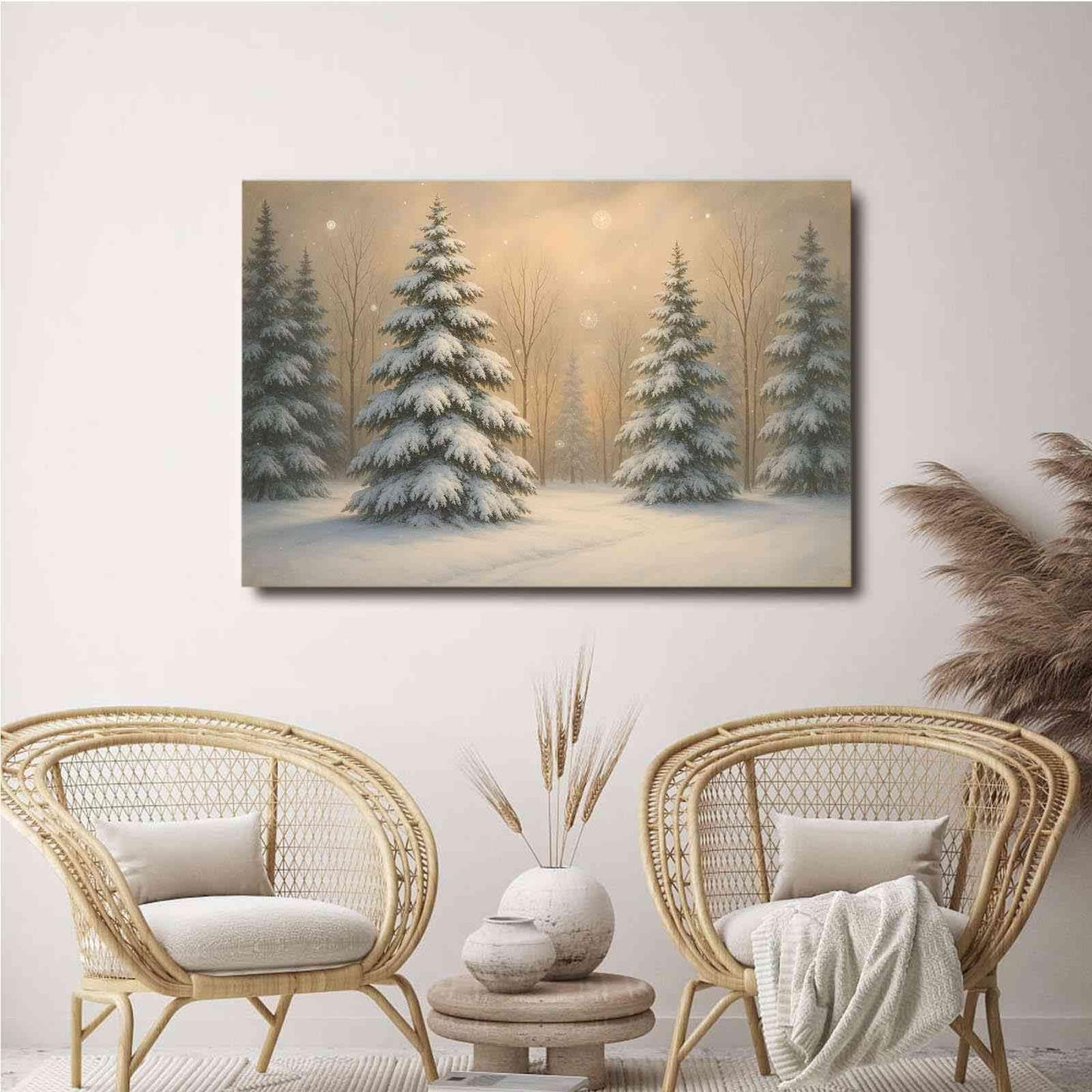 Framed Canvas Wall Art Vintage Winter Christmas Trees Landscape Poster Farmhouse Christmas Neutral Snowy Painting Holiday Evergreen Art 28x40in Wood Framed