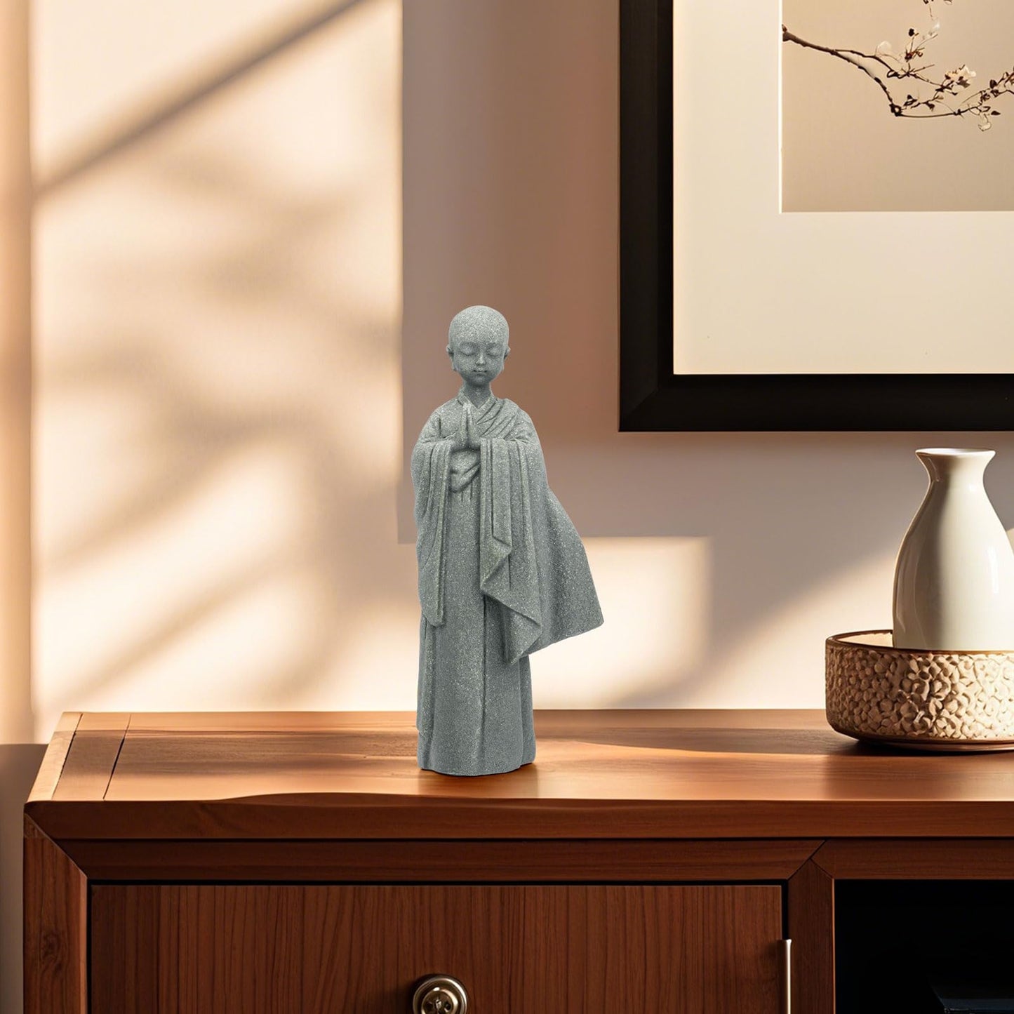 BEIZHAN Stone Buddha Statue for Home, Meditating Monk Statue with Praying Hands, Exquisite Asian Zen Decor for Home/Office (5.3 Inch)