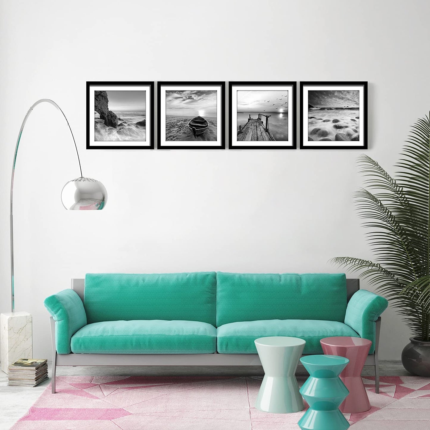 ENGLANT-4 Panels Set Framed Canvas Print for Seascape Beach and Boat Sunrise Scenery Black and White Giclee Canvas Print Wall Art Ready to Hang
