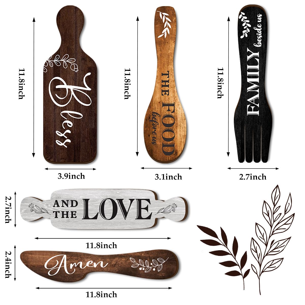 Dazzlewall 5Pcs Kitchen Wall Decor, Bless the Food Cookware Shaped Hanging Signs for Farmhouse Kitchen Rustic Wooden Plaques for Country Dinning Room