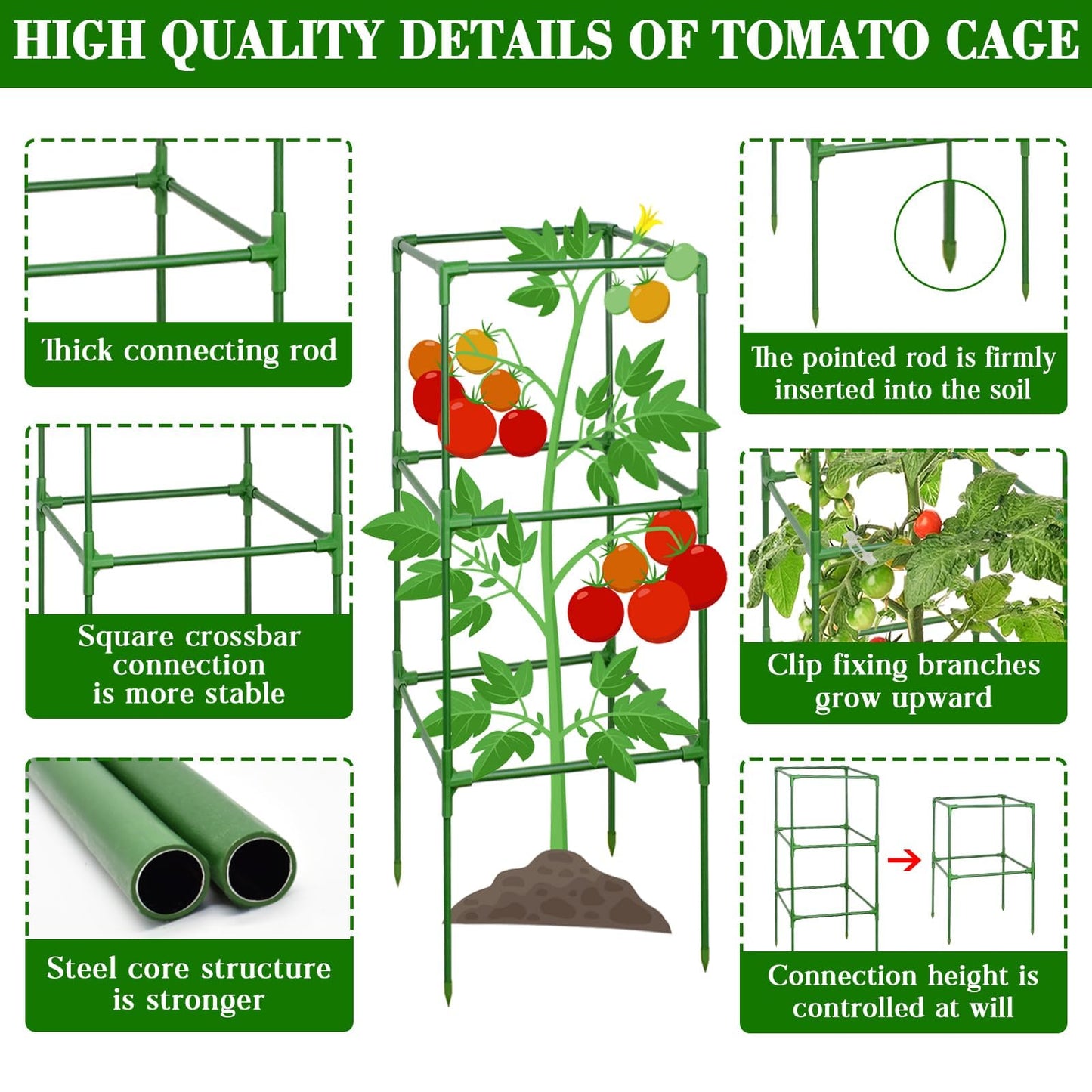 ZeeDix 45 Inch Tomato Cages 4 Pack, Heavy Duty Adjustable Metal Garden Plant Supports for Climbing Vegetables - Square Cage for Tomatoes, Cucumbers, Peas, Flowers with 40 Plant Clips
