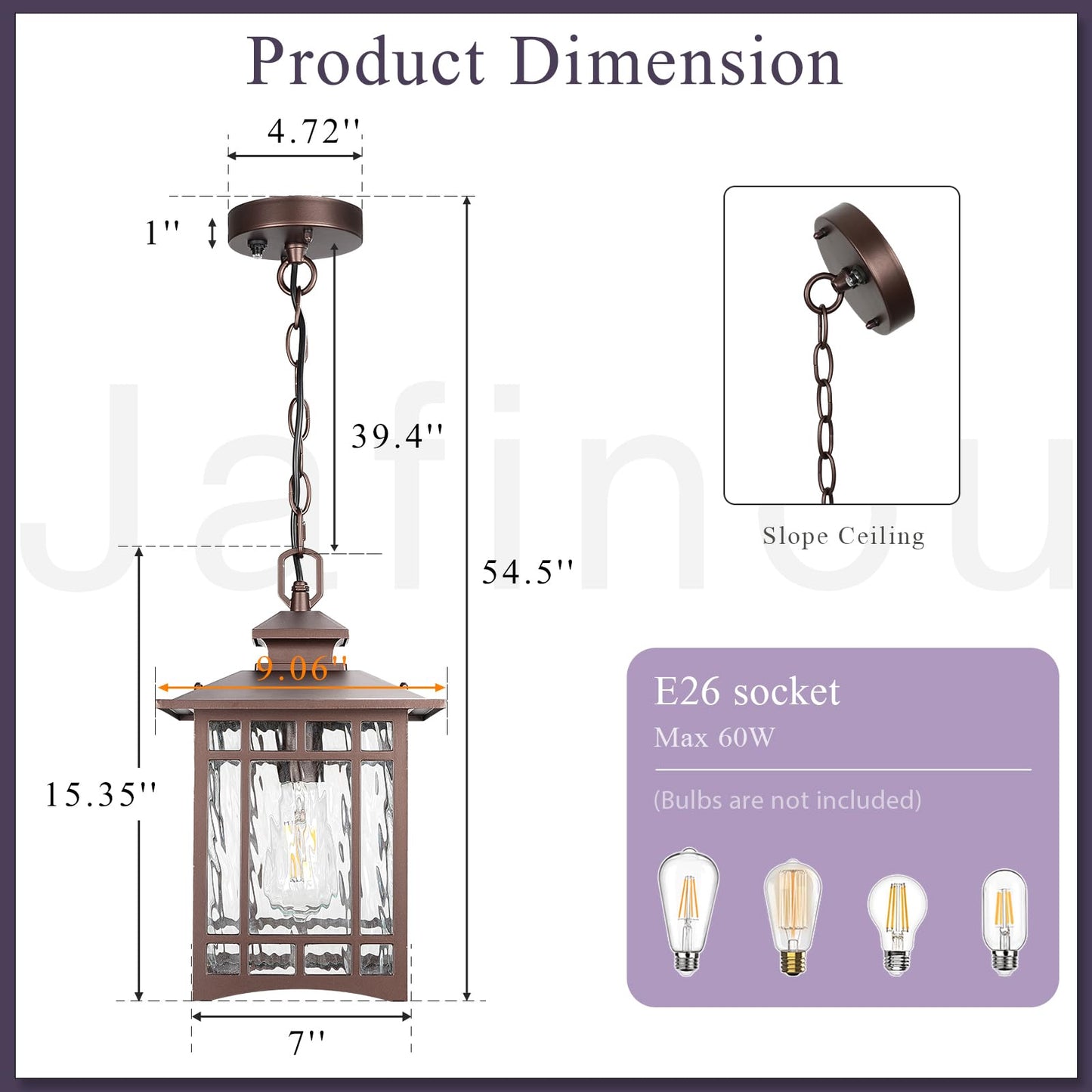 Dusk to Dawn Outdoor Pendant Light, 15 Inch Large Square ORB Oil Rubbed Bronze Exterior Hanging Lantern, Waterproof Anti-Rust Aluminum Outdoor Light with Water Ripple Glass for Porch Patio Entryway