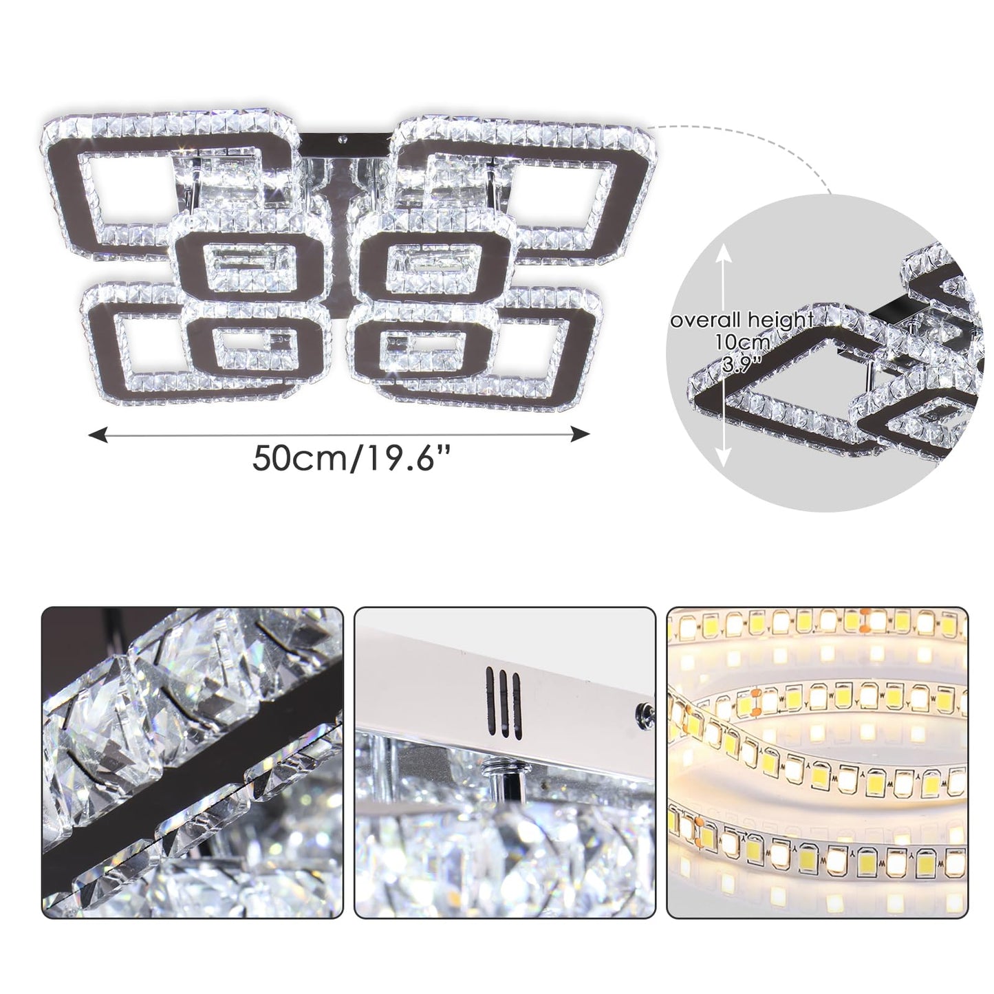 FRIXCHUR 20”Crystal Chandelier Square Led Crystal Flush Mount Ceiling Light 8 Lights Modern Crystal Ceiling Pendant Light Led Crystal Chandelier for Living Room Bedroom Cool White 6500K