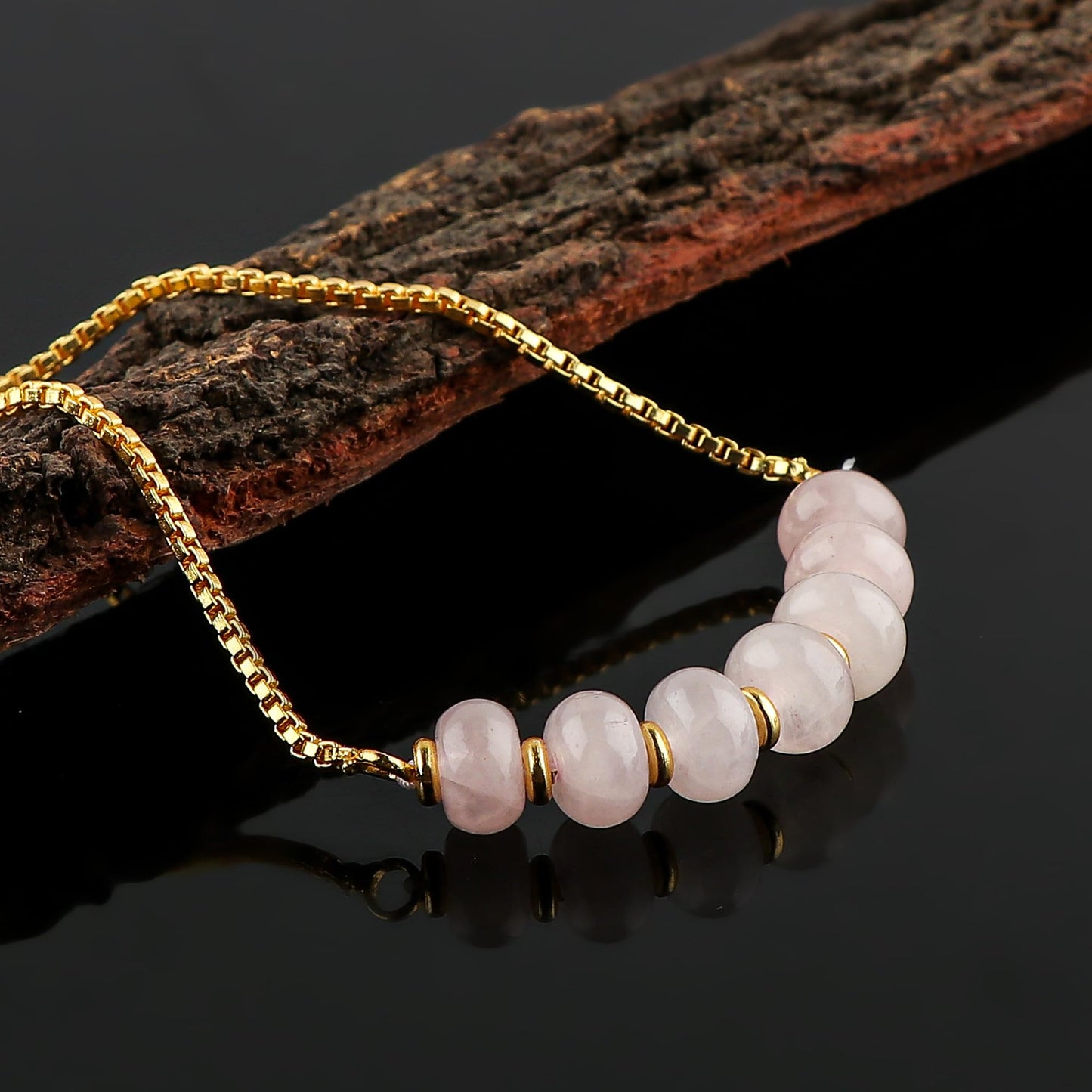 TGH Natural Rose Quartz Gemstone Rondelle Beads Bolo Bracelet Gold Plated Adjustable Slider Gift for Women Birthday Wedding Handmade Christmas Gifts (Rose Quartz Shade)