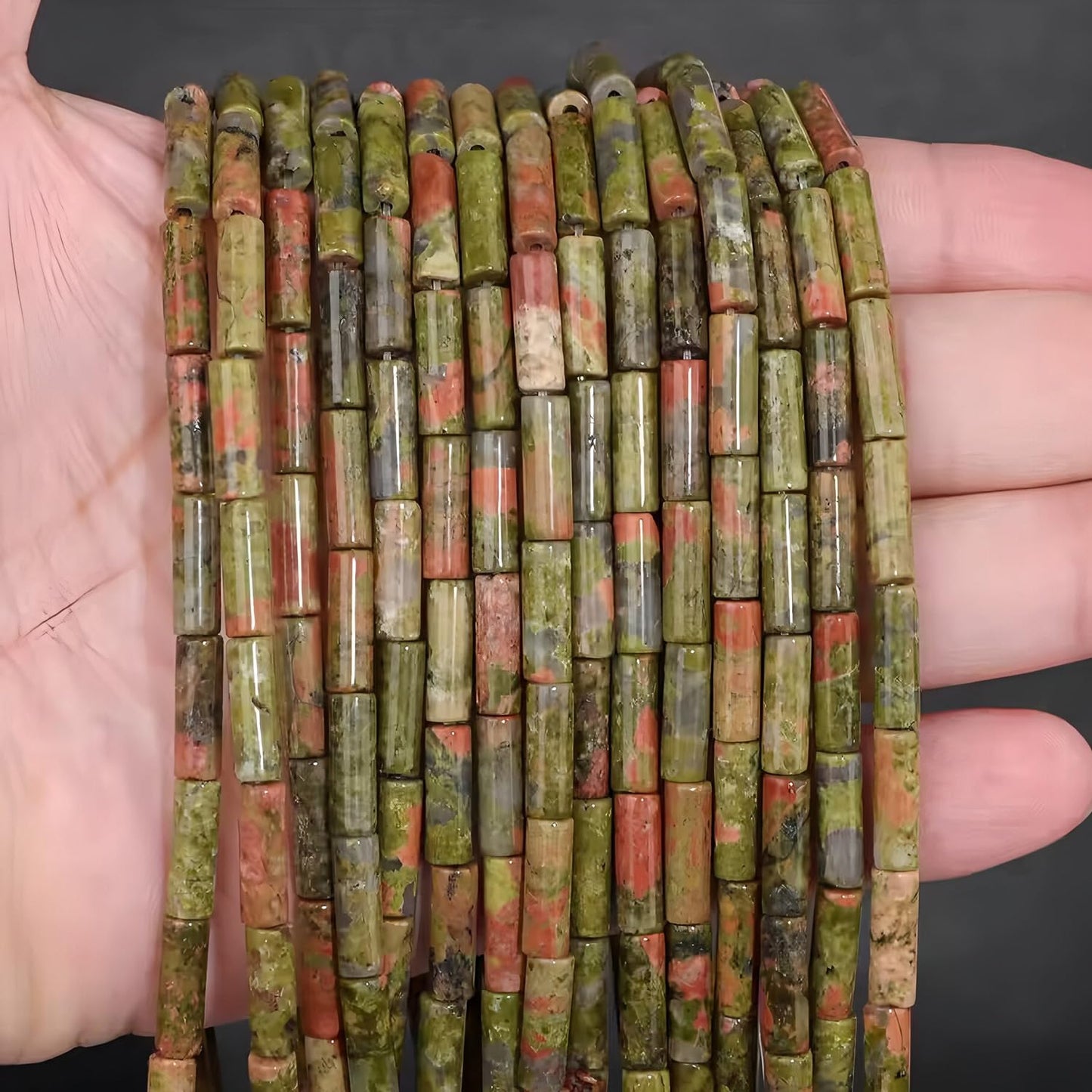 HAAMIIQII Natural Green Unakite Jasper Tube Beads 13x4mm Column Stone Cylinder Gemstone Loose Beads for Jewelry Making Strand 15 Inch (28-29pcs)