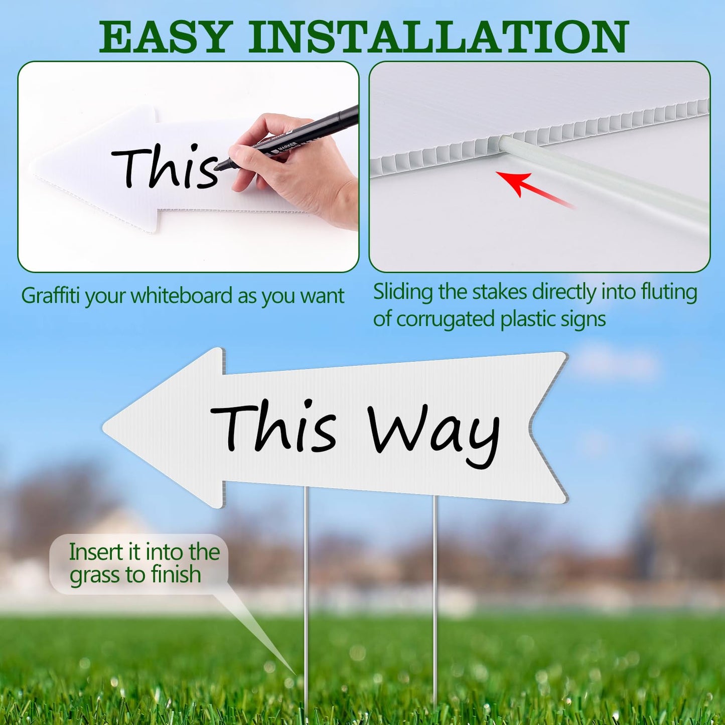 Directional Arrow Signs with Stakes, Remiawy 6 Pack Blank Yard Signs 17 x 6 Inches Custom Plastic Parking Signs with Arrow Outdoor for Wedding Decorations, Birthday Party, Estate Sale, Lawn Guidepost