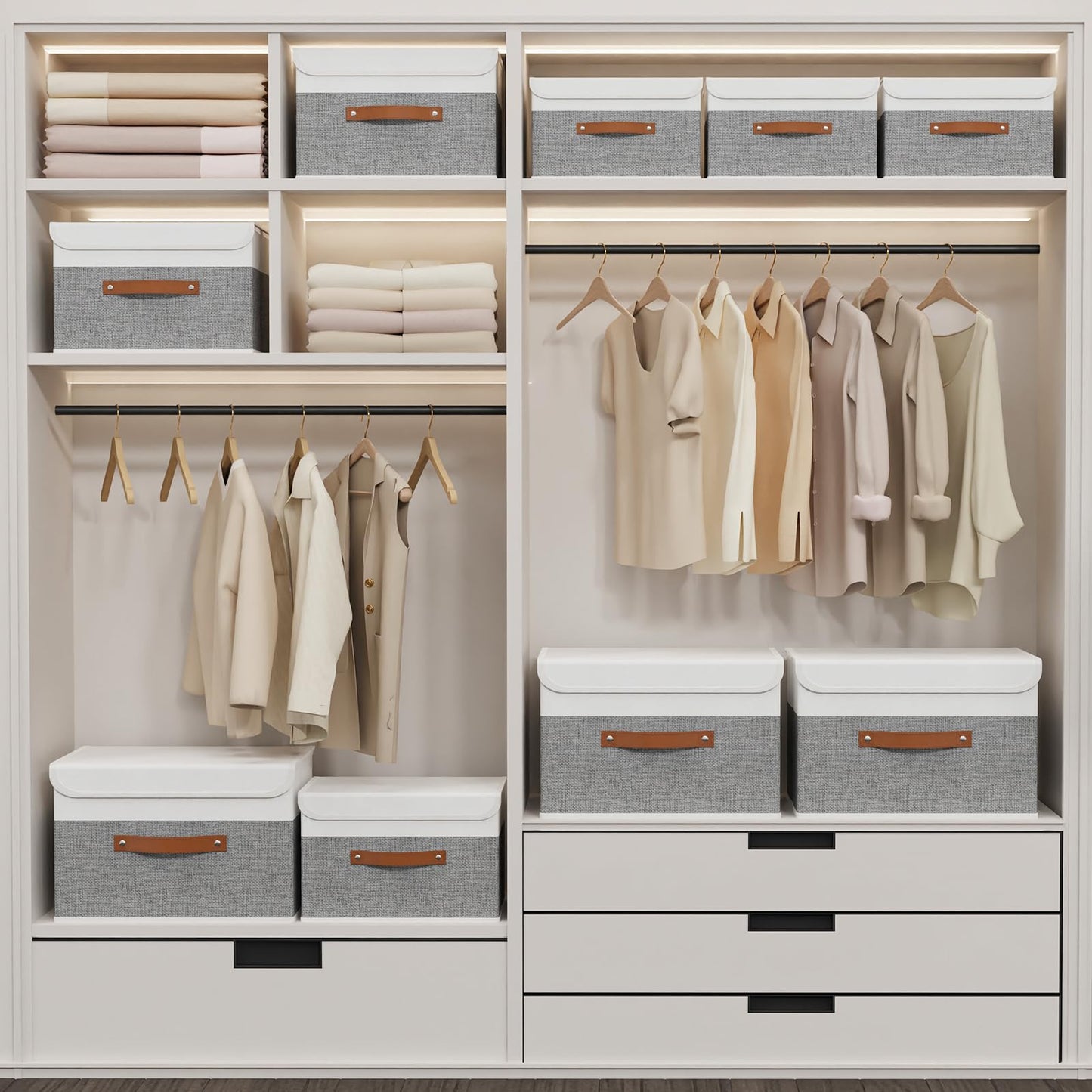 Yawinhe Storage Boxes with Lids, Linen Fabric Bin, Cube Organizer Basket, Washable and Leather Handle, for Home, Closet, White/Grey, 15.0''Lx9.8''Wx9.8''H, 1-Pack, USNK024WGL-1