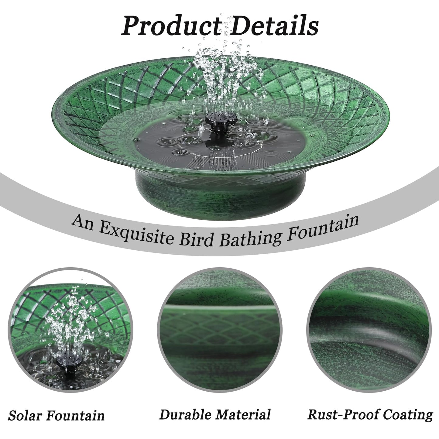 12.6" Bird Bath for Outside, Solar Bird Bath Fountains, Bird Bath Bowl Outdoor, Solar Powered Bird Baths for Garden Patio Decor (Green)