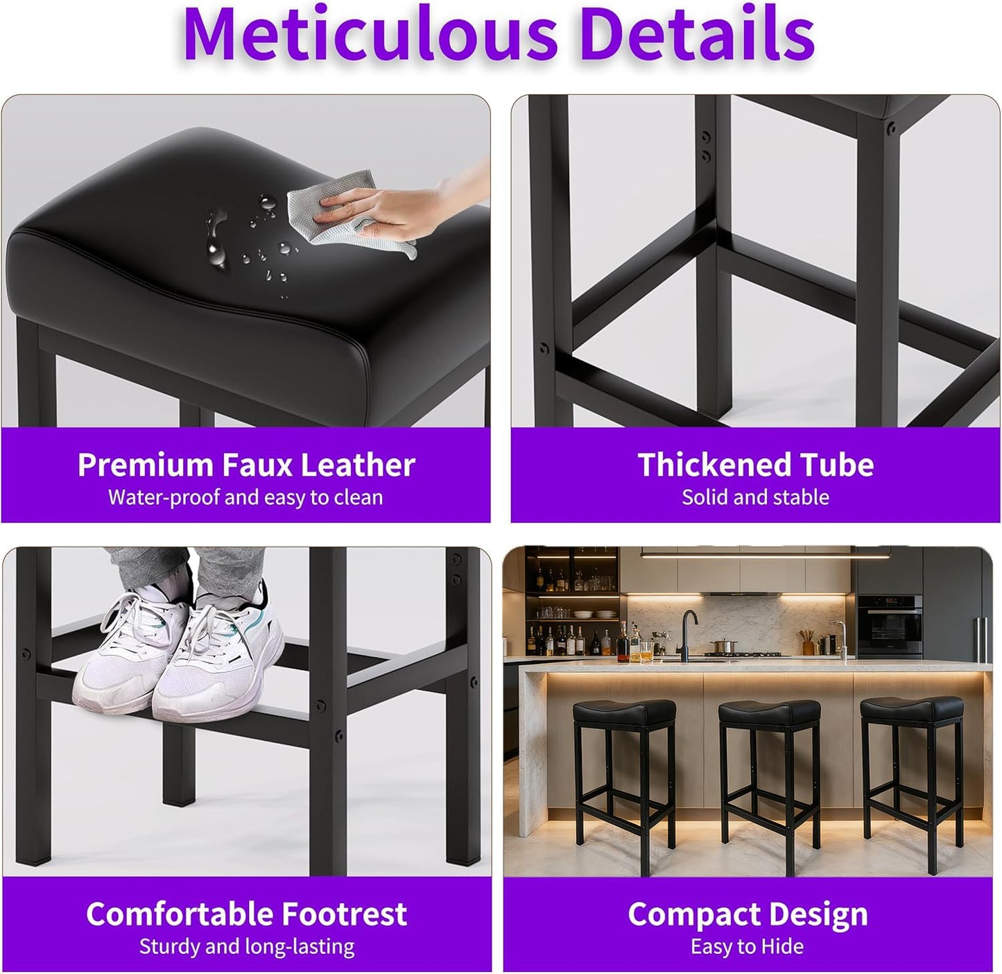 ZYFFHYLAI Bar Stools Set of 2, 24 Inch Backless Counter Height Bar Stools with Soft Faux Leather Seat, 300 LB Heavy Duty Padded Saddle Barstool Chairs for Modern Kitchen Island Counter (Black)