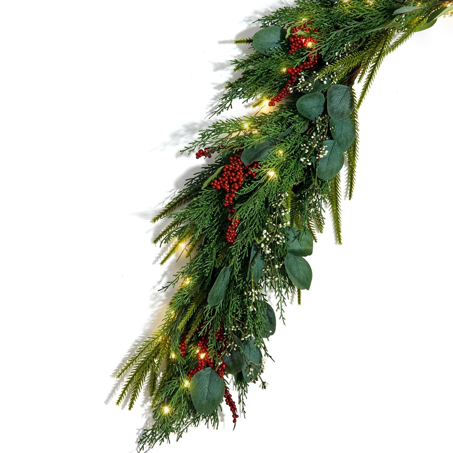 Lamplust Lighted Garland with Lights Battery Operated, 6 Ft Red Berry & Eucalyptus, 100 LED with Timer, Greenery Garland for Indoor Home Decor, Spring Decor, Table Centerpiece, Stairway Decorations