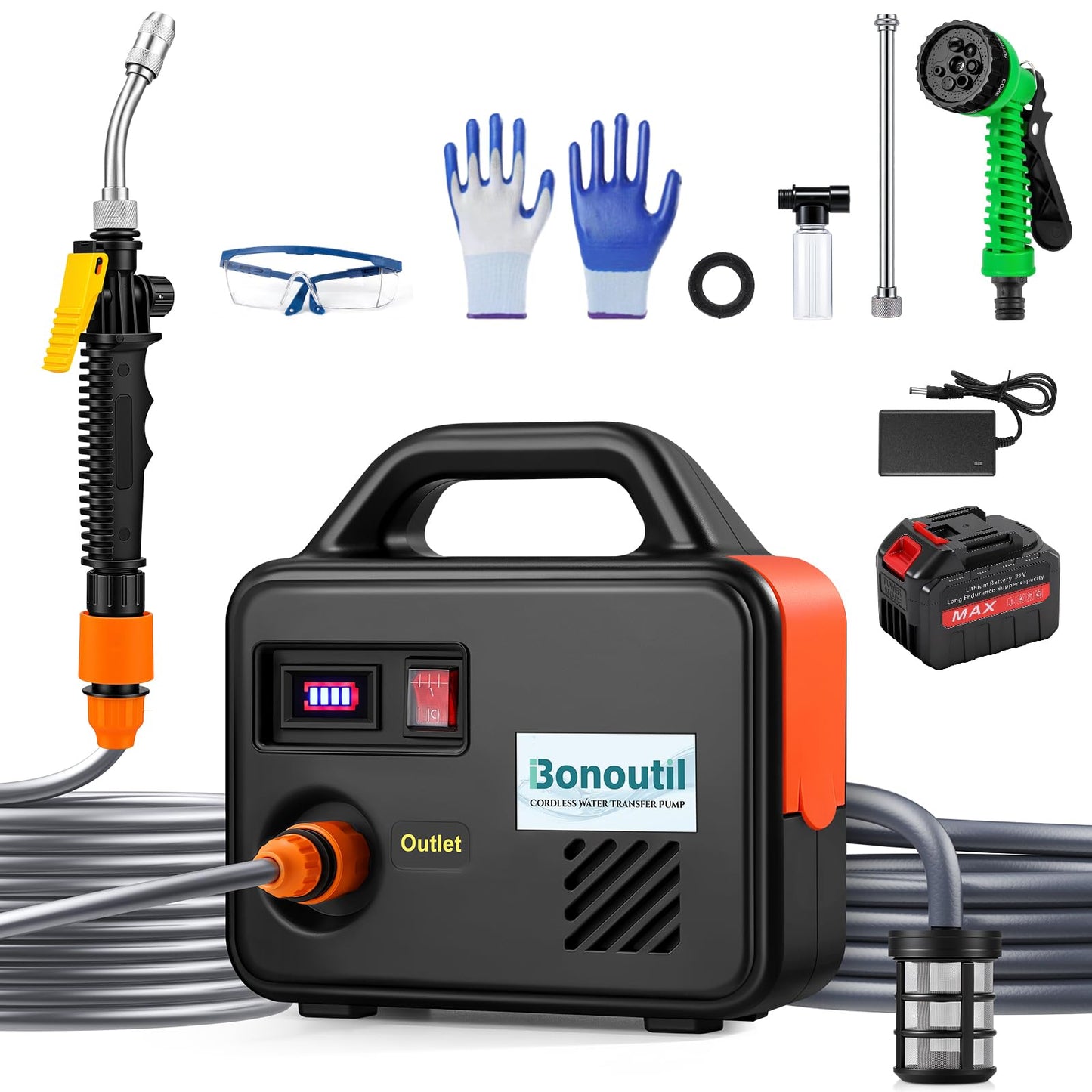 Bonoutil 21V Battery Powered Water Pump 240GPH Cordless Water Transfer Pump Battery Operated with Garden Hose Nozzle 7 Spray Modes for Watering Car Washing Tub Fish Tank Inflatable Pool (2 Sprayers)