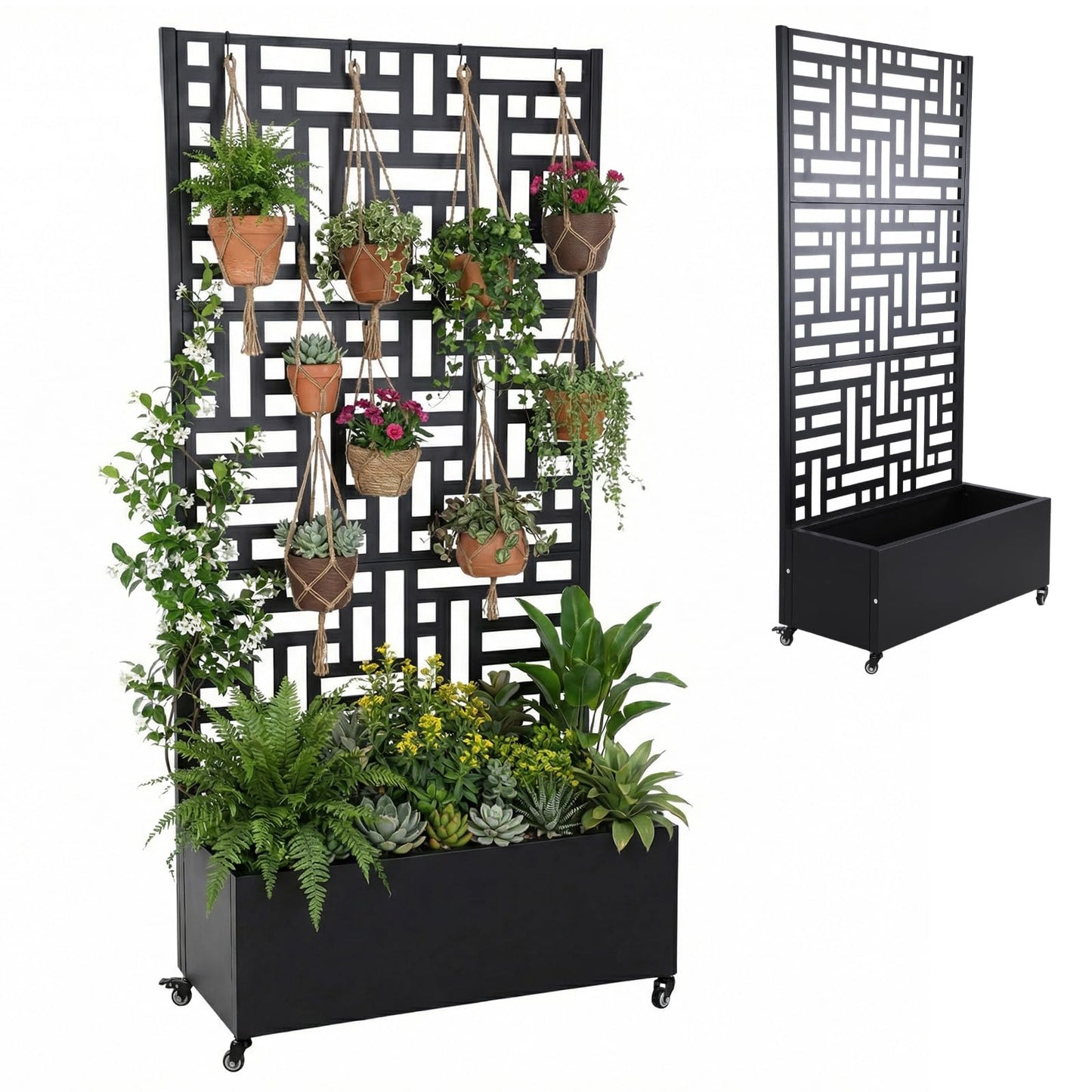 ALINUOYQ 70.87x35.43x15.75 Inch Metal Planter Box with Trellis and Wheels Raised Garden Bed with Drainage Holes Privacy Planters Suitable for Climbing Plants and Vegetables (02)