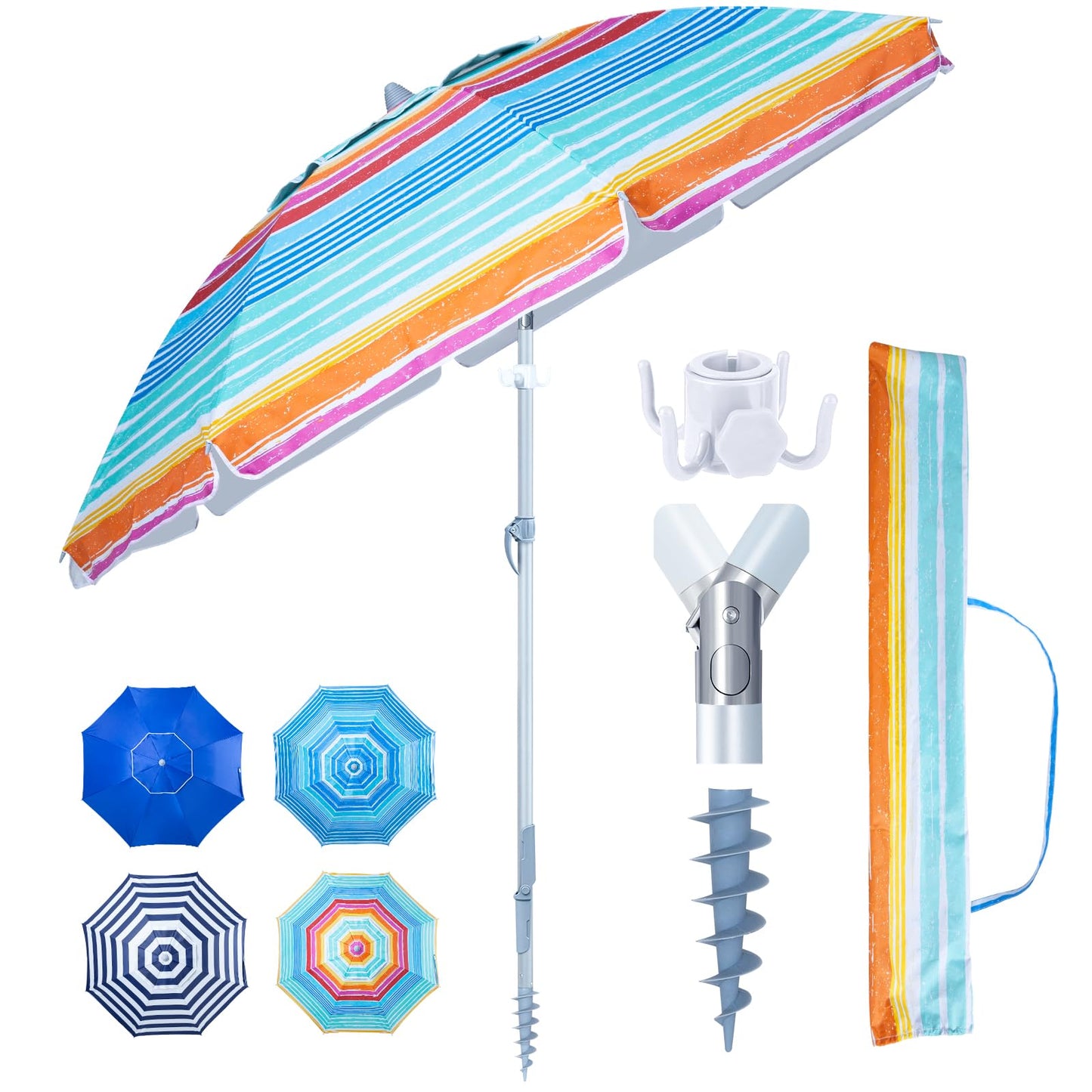 Tempera Heavy Duty High Wind Beach Umbrella with Sand Anchor & Carry Bag|Patio Outdoor Umbrella with Aluminum Frame and Push Button Tilt, Ideal for Travel Garden Lawn, UPF 60+,Stripes