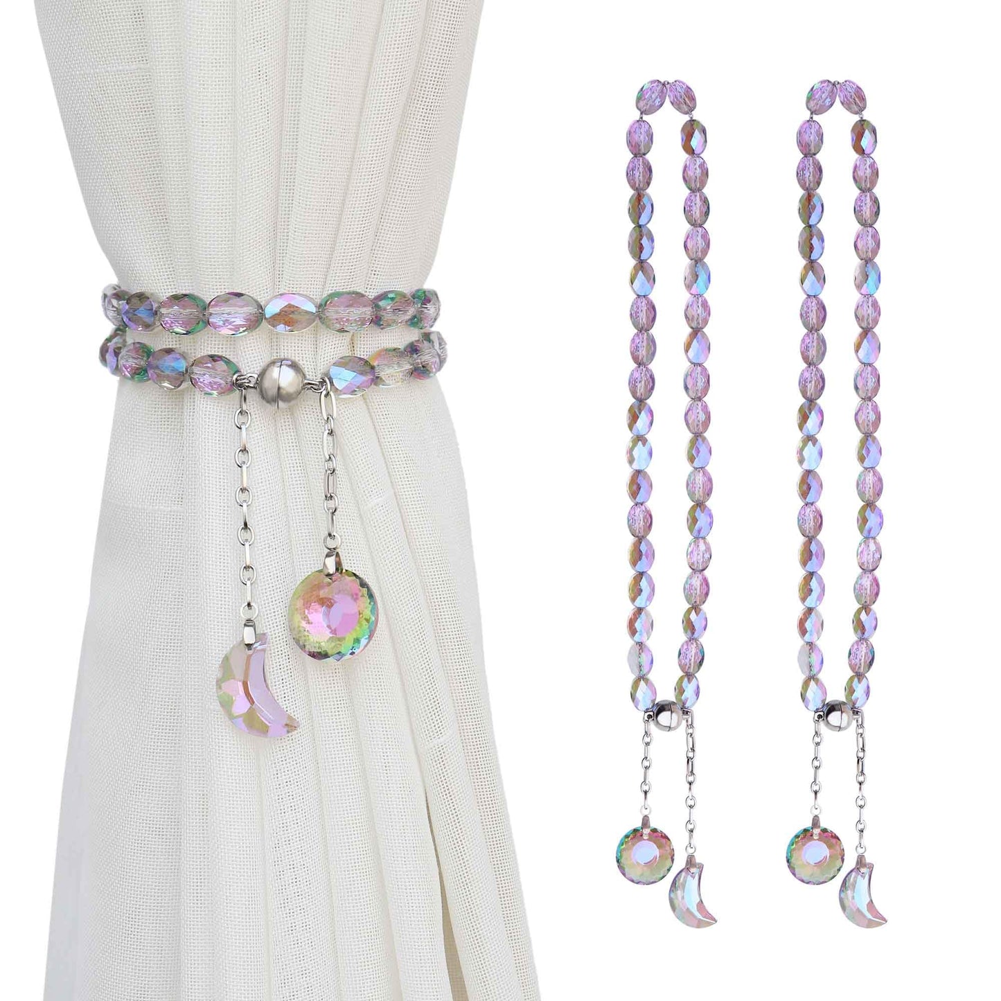 PEDOBO Magnetic Curtain Tiebacks, 2 Pack Crystal Beaded Sun & Moon Pendants Sheers/Draperies Holdbacks for Window Home Office Decor (Purple)